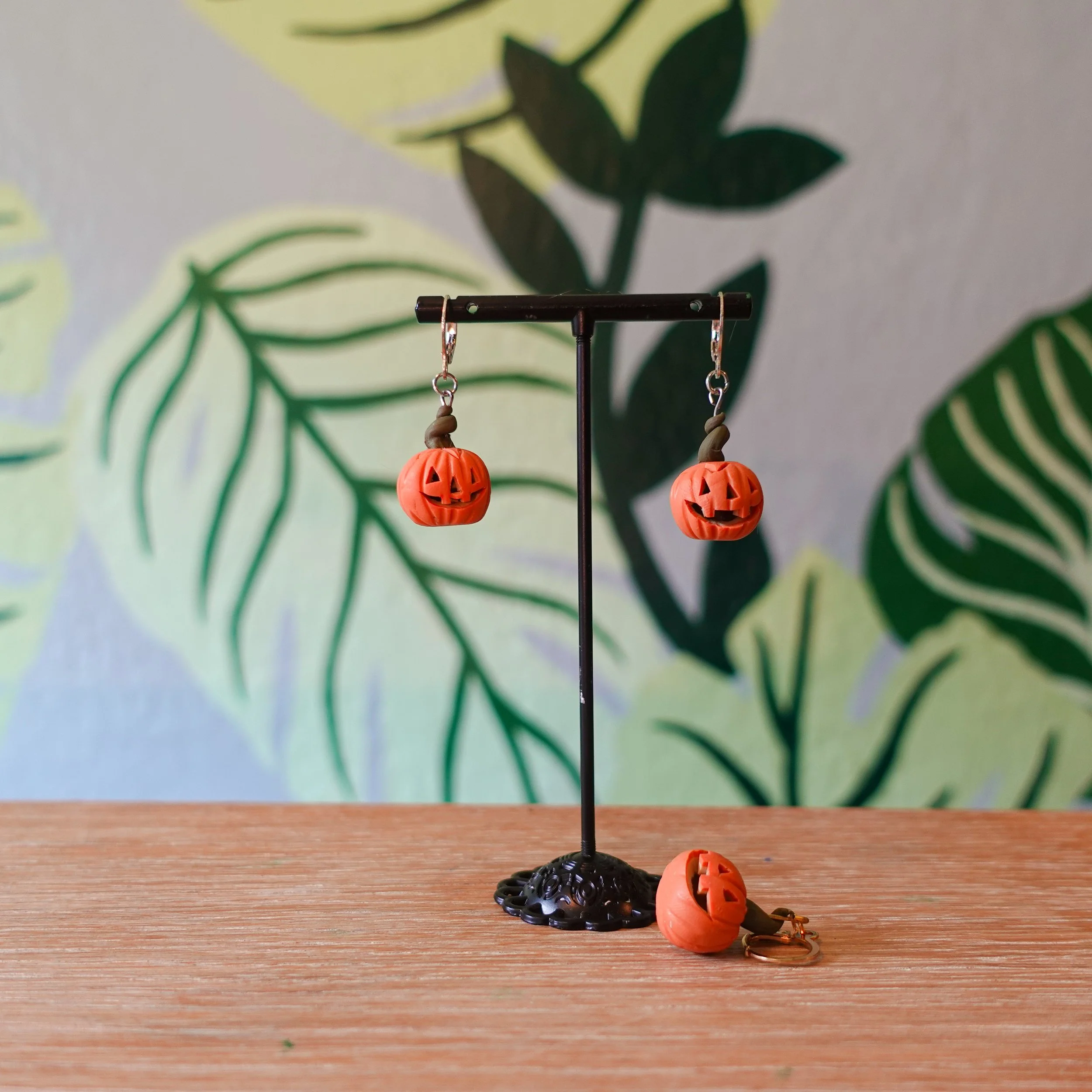 Mini Jack-o-Lantern Handmade Hand-Carved Halloween Pumpkin Dangle French Hook Polymer Clay Earrings