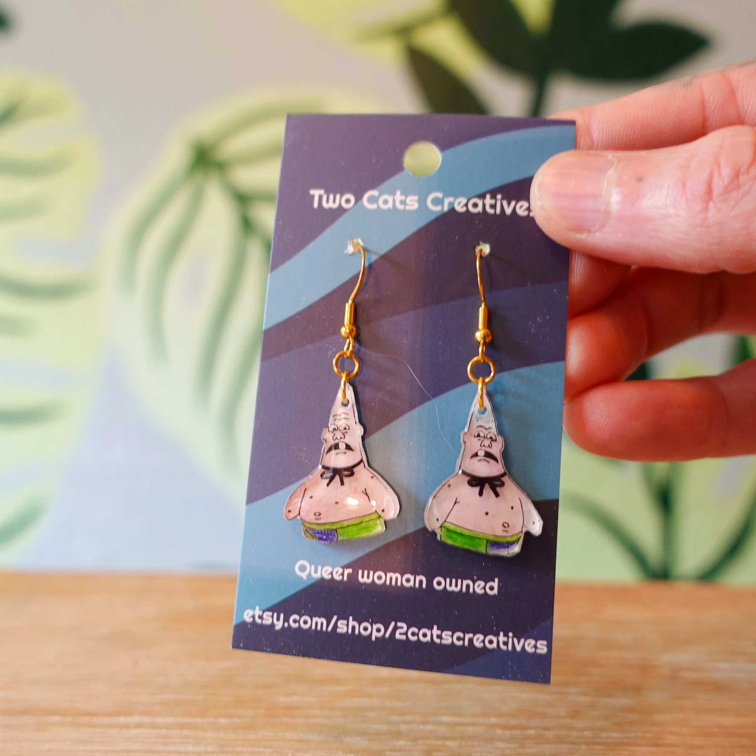 Patrick Star Inspired Earrings “Who You Calling Pinhead?” – Handmade Pink Starfish Dangle Earrings – Funny Cartoon Meme Jewelry