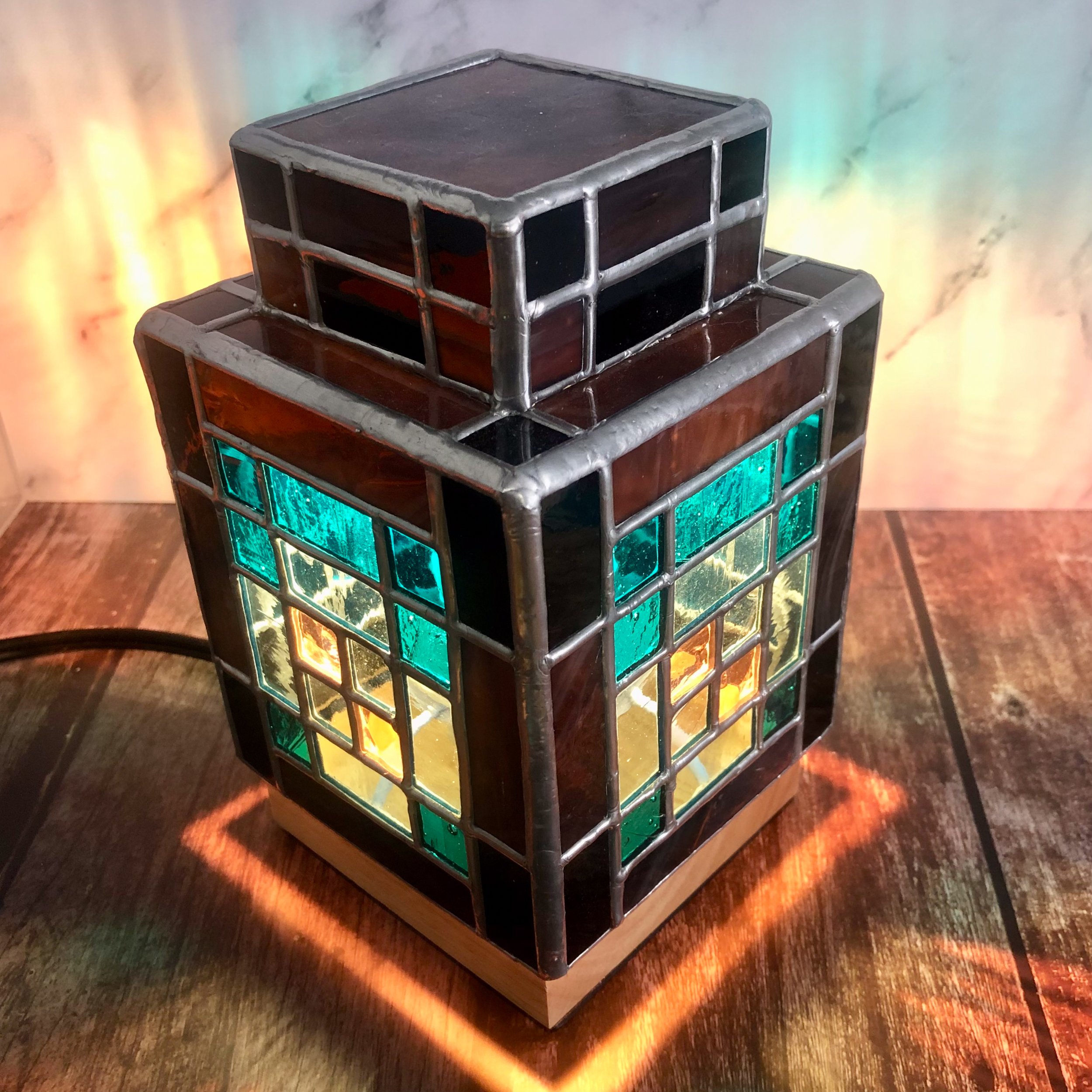 Handmade Stained Glass Minecraft Lamp – Pixel Art Gamer Desk Lamp – Blue & Black Glass – 4x7 inch Gaming Room Decor Gift