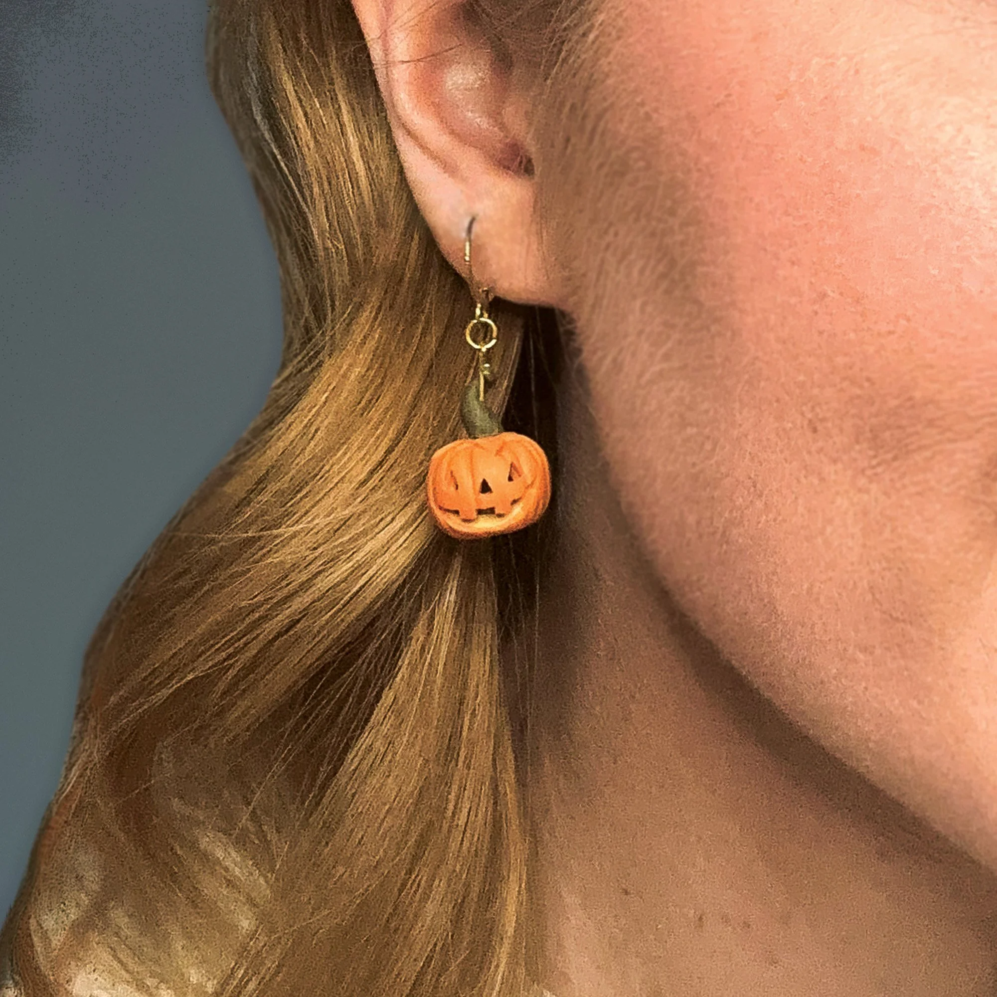 Mini Jack-o-Lantern Handmade Hand-Carved Halloween Pumpkin Dangle French Hook Polymer Clay Earrings