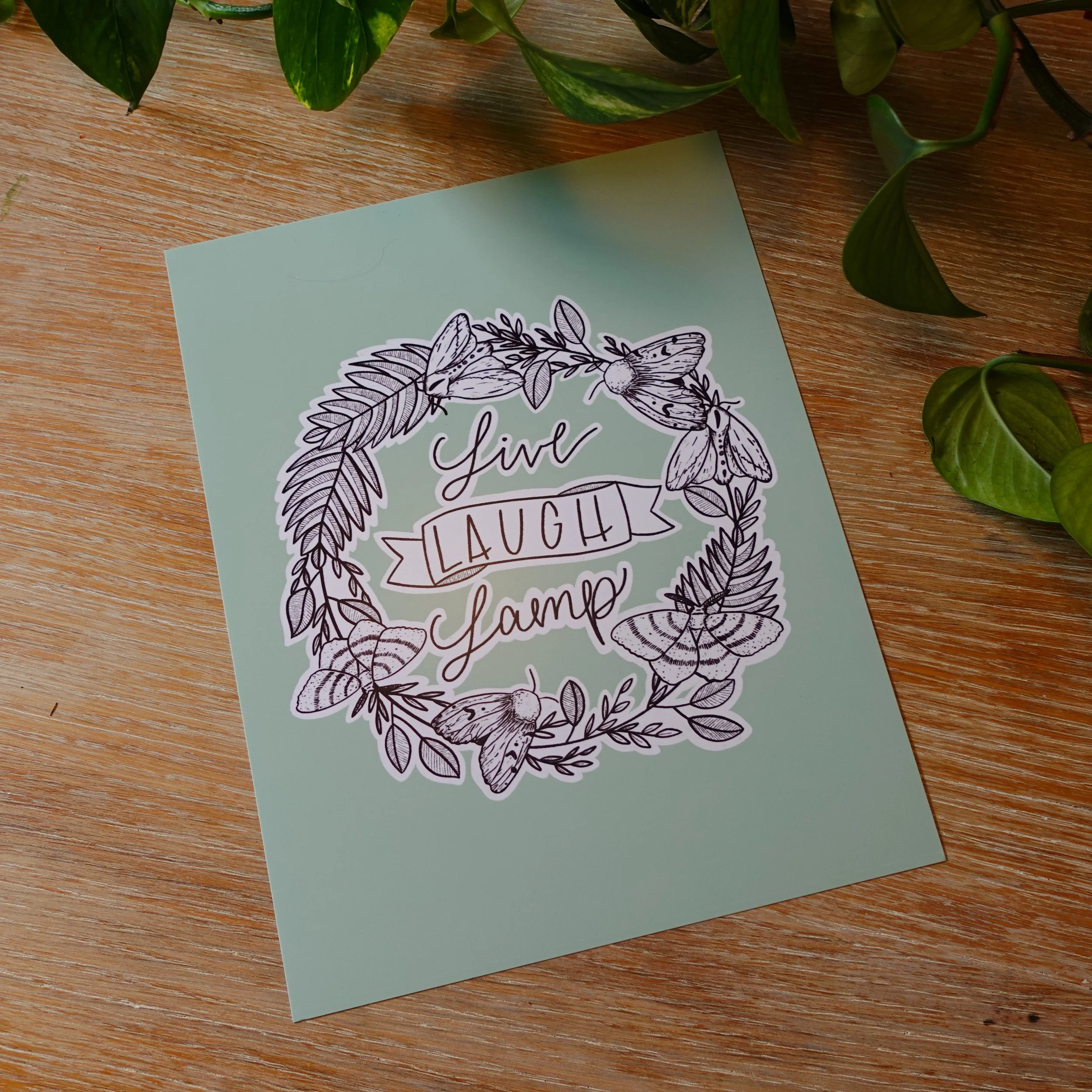 Live Laugh Lamp Moth Art Print, Funny Nature Wall Art, Pastel Green Insect Illustration, Cottagecore Decor, Entomology Poster