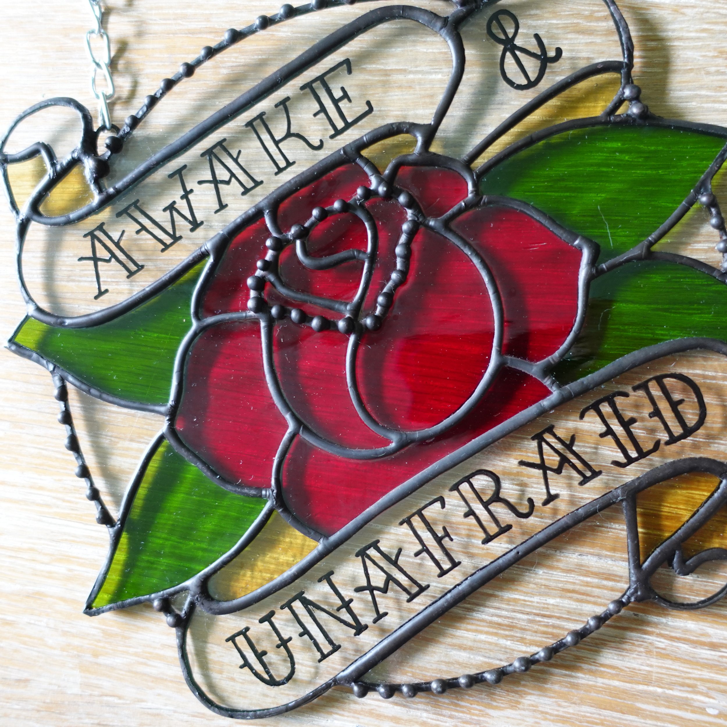 MCR Inspired Stained Glass Suncatcher | Red Rose "Awake & Unafraid" Fan Art