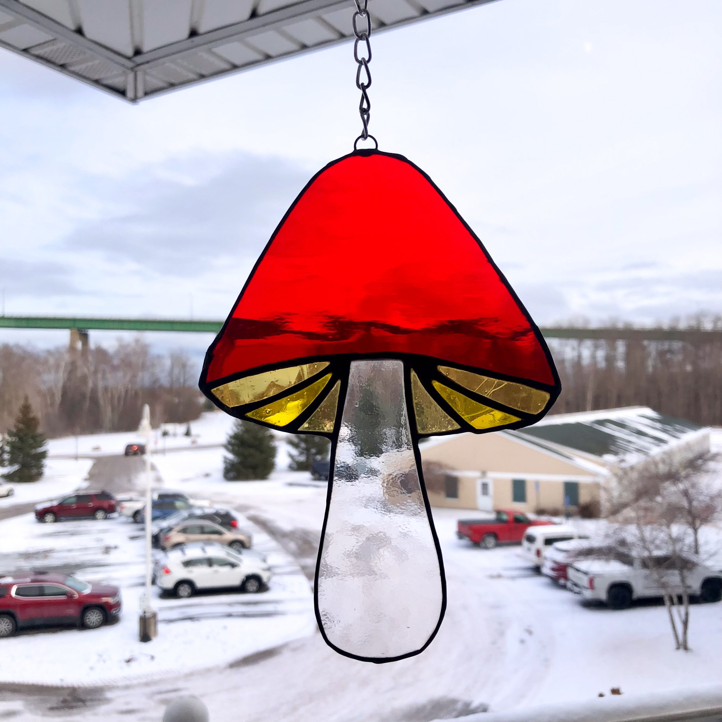 Stained Glass Mushroom Suncatcher – Red and Amber Glass – Handmade Window Hanging – Cottagecore & Fairycore Decor