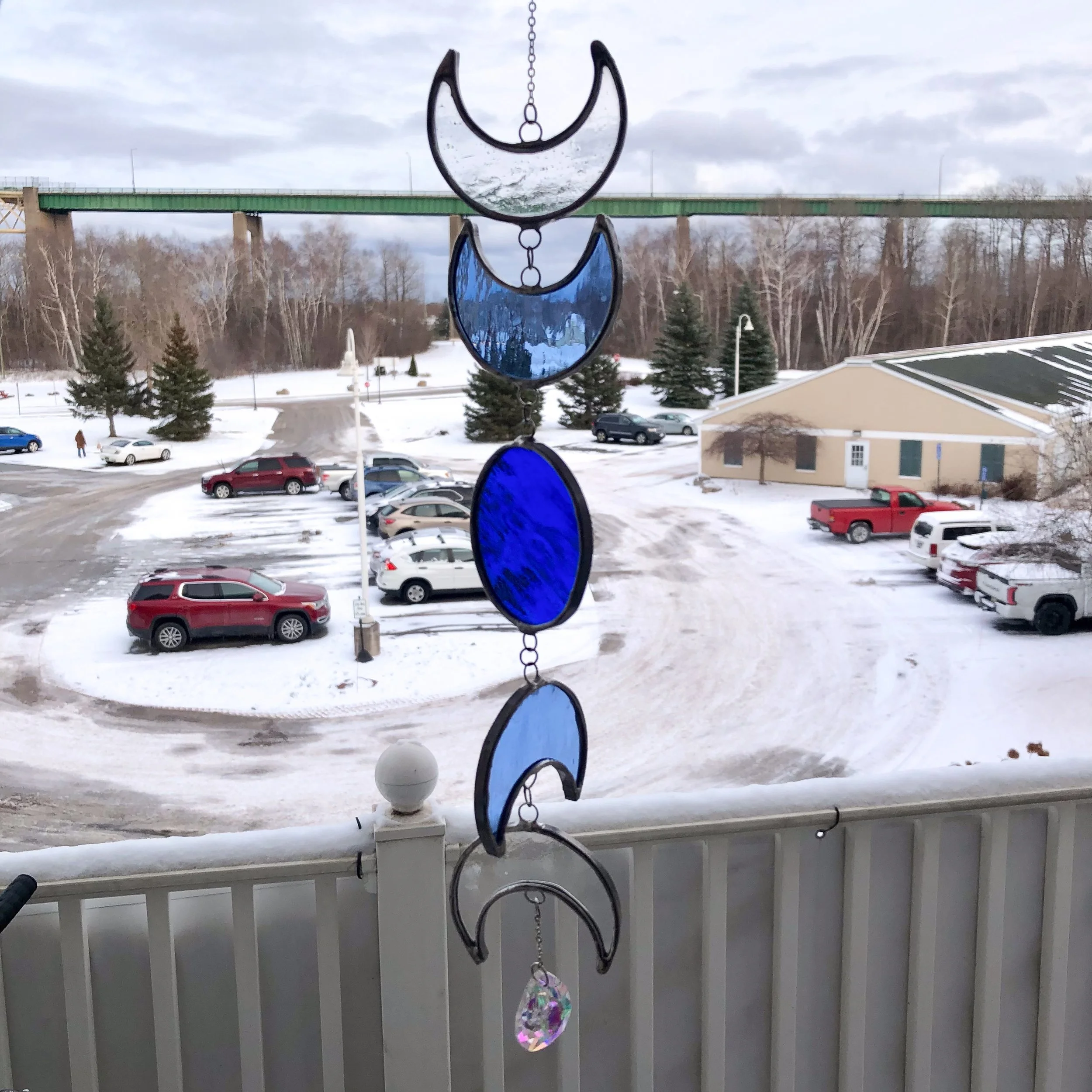 Moon Phases Stained Glass Dangle Suncatcher – Handmade Celestial Hanging Window Decor with Moon and Crystal Accents