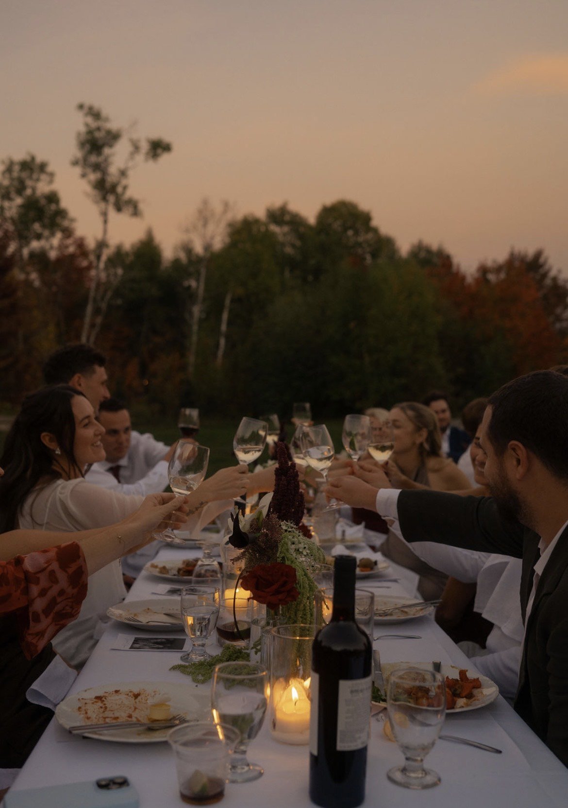 People raising glasses in a toast at an outdoor dinner party during sunset, with a decorated table and trees in the background.
