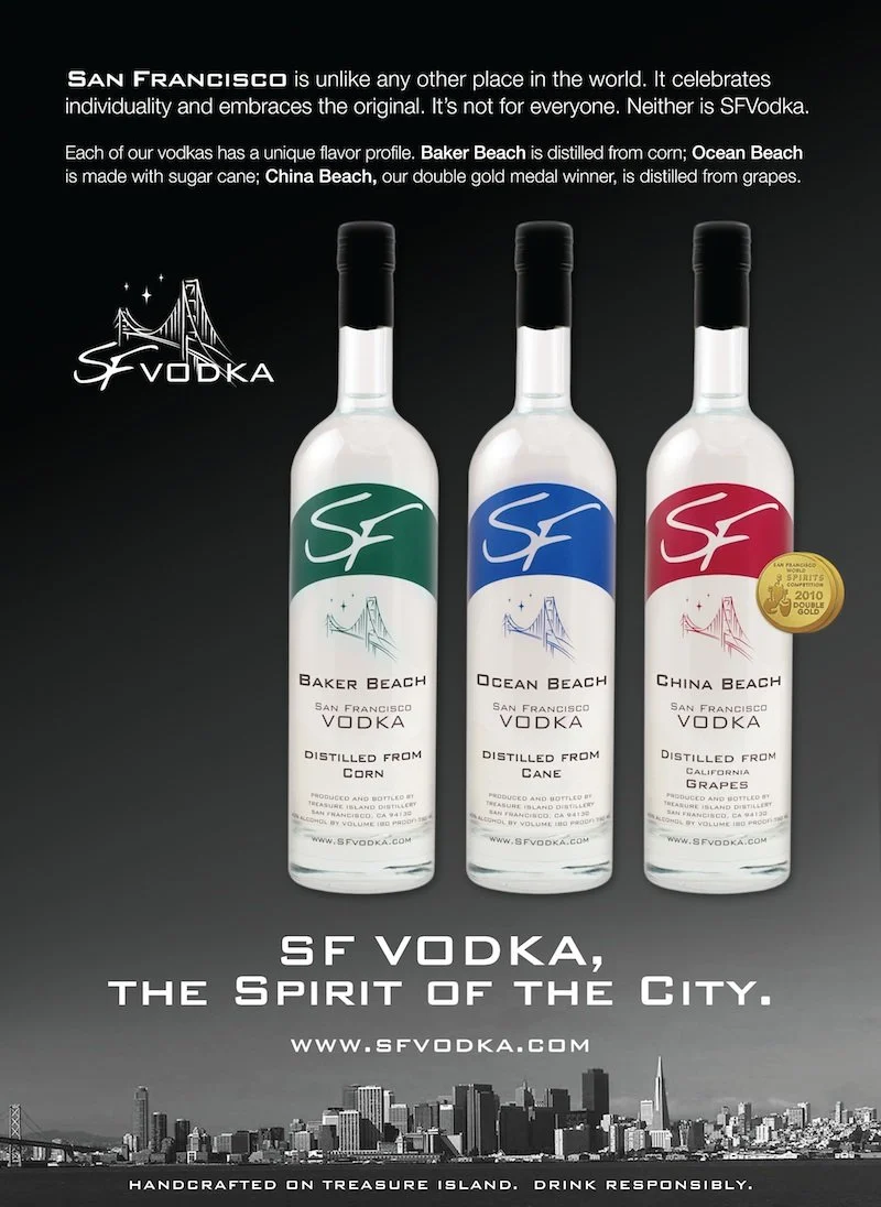 Three bottles of SF Vodka labeled as Baker Beach, Ocean Beach, and China Beach, with a San Francisco skyline at the bottom and a logo of the Golden Gate Bridge with the text SF VODKA.