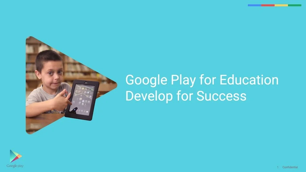 Young boy in a library holding a tablet device, with a light blue background and the text 'Google Play for Education Develop for Success'