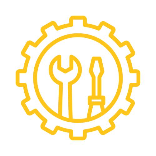 Gear outline with wrench and screwdriver inside, black background.