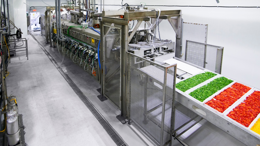 Industrial food processing machine with trays of chopped green, red, and yellow vegetables on a conveyor belt.