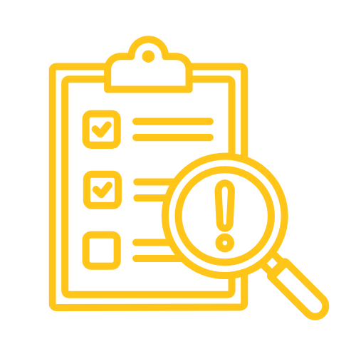 Icon of a clipboard with checkmarks and an exclamation mark in a magnifying glass, indicating inspection or alerts.