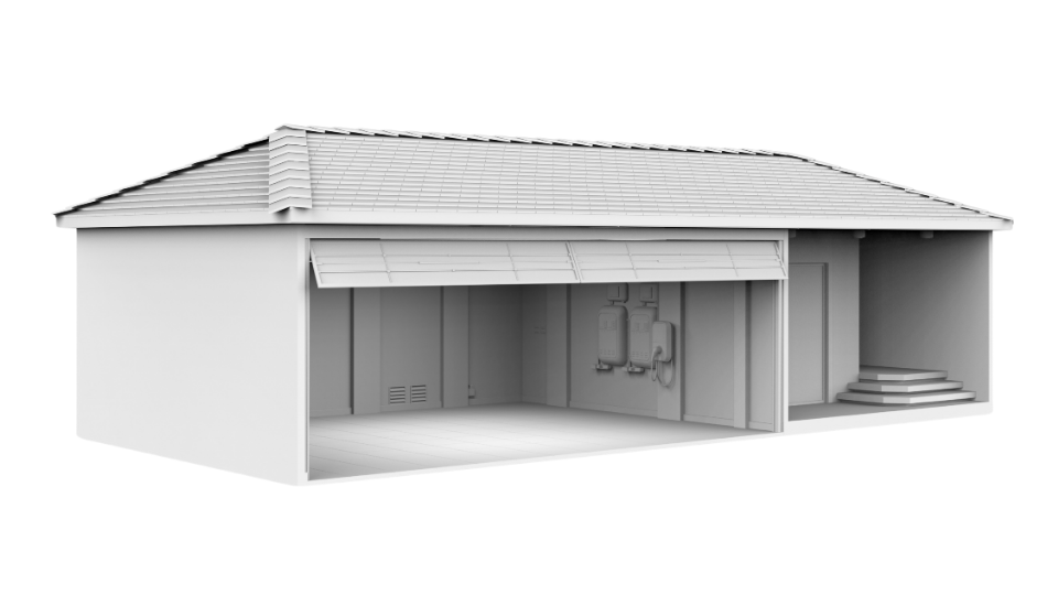 Looking inside a garage, showing electrical panels, a small vent, and stairs leading up to a house.