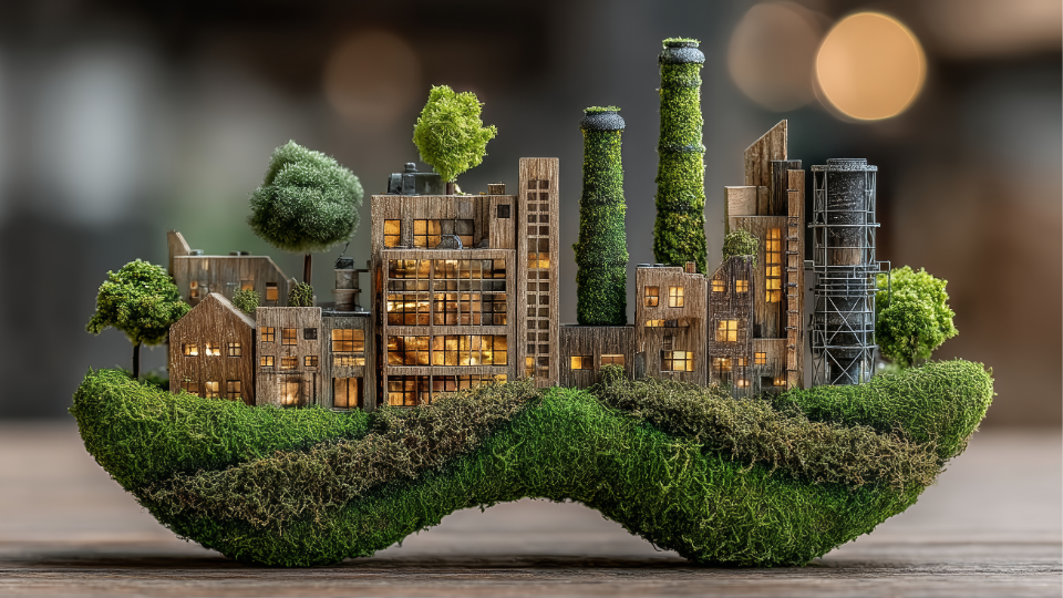 Miniature model of an urban green cityscape with trees, buildings, and plants on rooftops, emphasizing eco-friendly urban development. GarageShops.ca