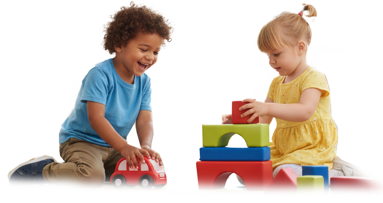 Mini Scholars ELC in Sefton NSW, Two children, a boy and a girl, playing with colorful toy blocks and figure on the floor.