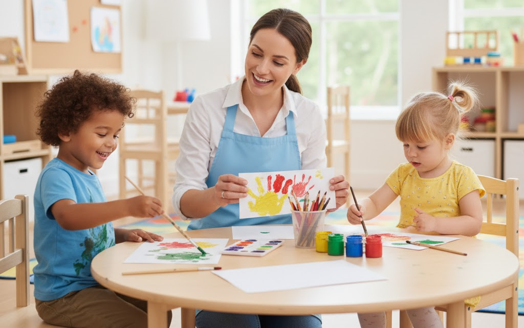 Mini Scholars ELC in Sefton NSW, A teacher and two young children painting at a table in a classroom. The teacher is holding a paper with painted handprints, and the children are using paintbrushes to make artwork.