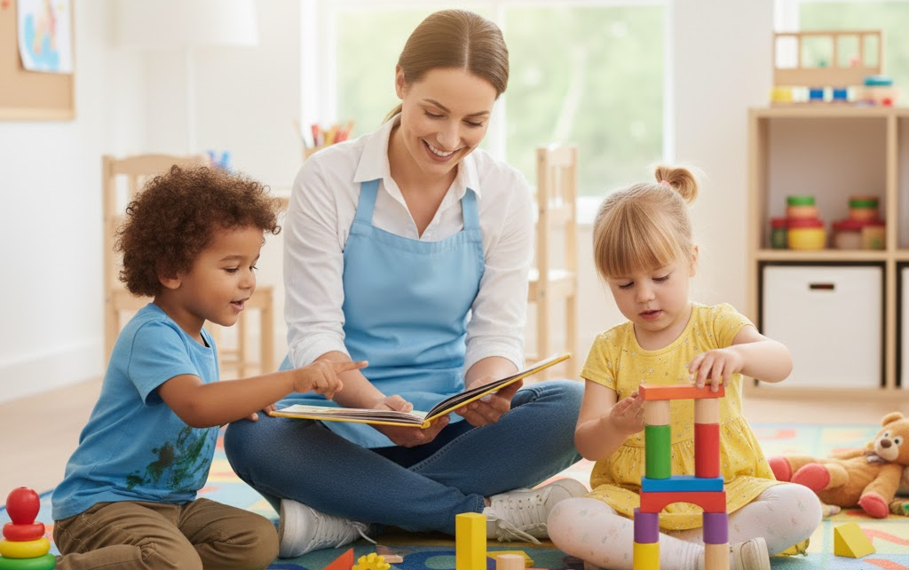 Mini Scholars ELC in Sefton NSW, A woman and two children sitting on the floor playing and reading with toys and blocks in a classroom.