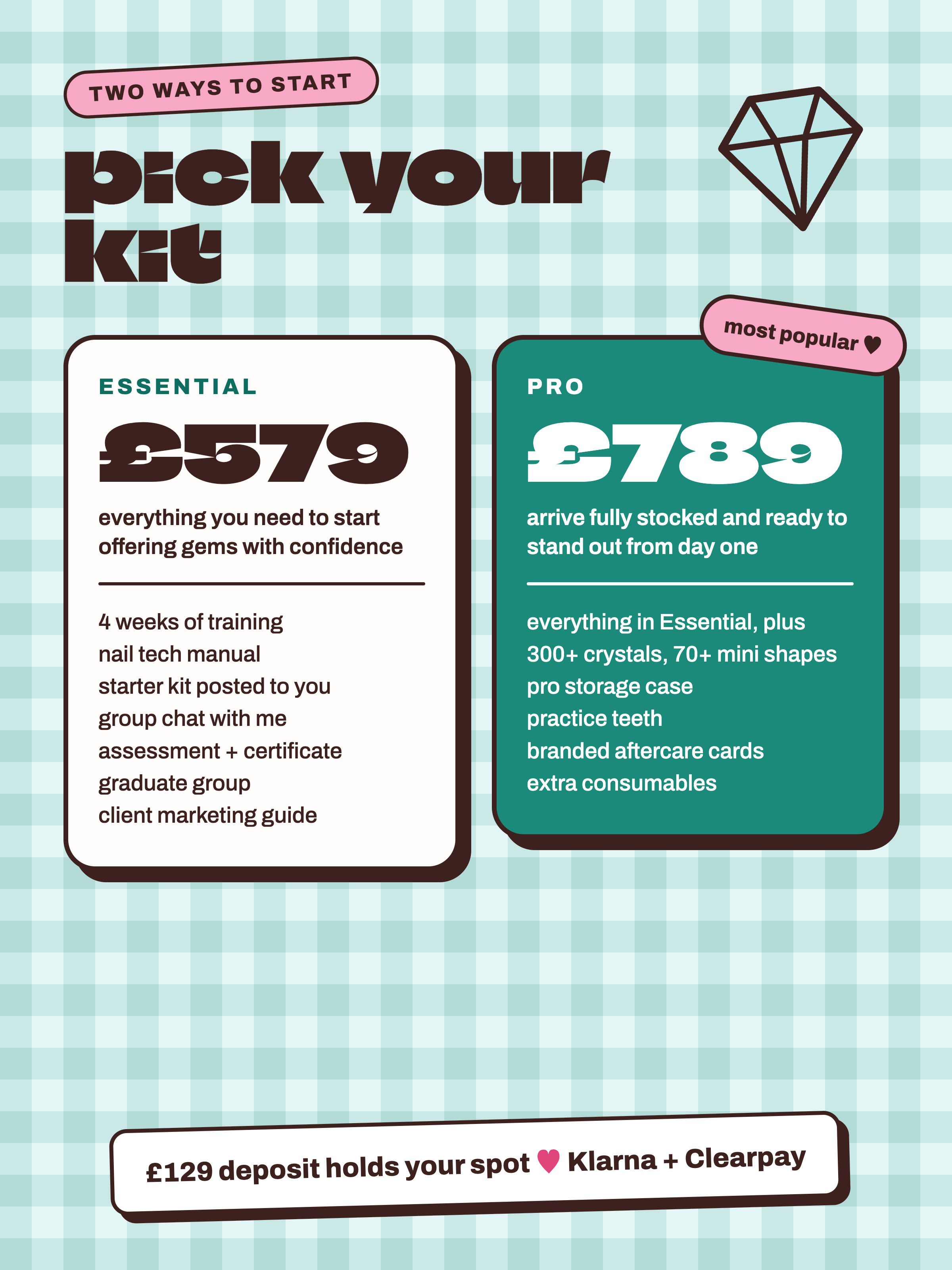 Lil Gems tooth gem course kits: Essential £579 and Pro £789, with Klarna and Clearpay available