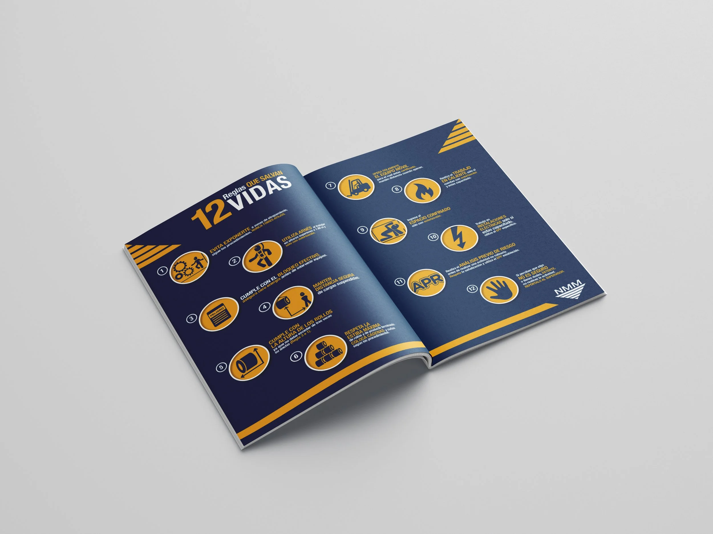 Open booklet with safety tips written in Spanish, featuring numbered icons and text on a dark blue background with yellow accents.