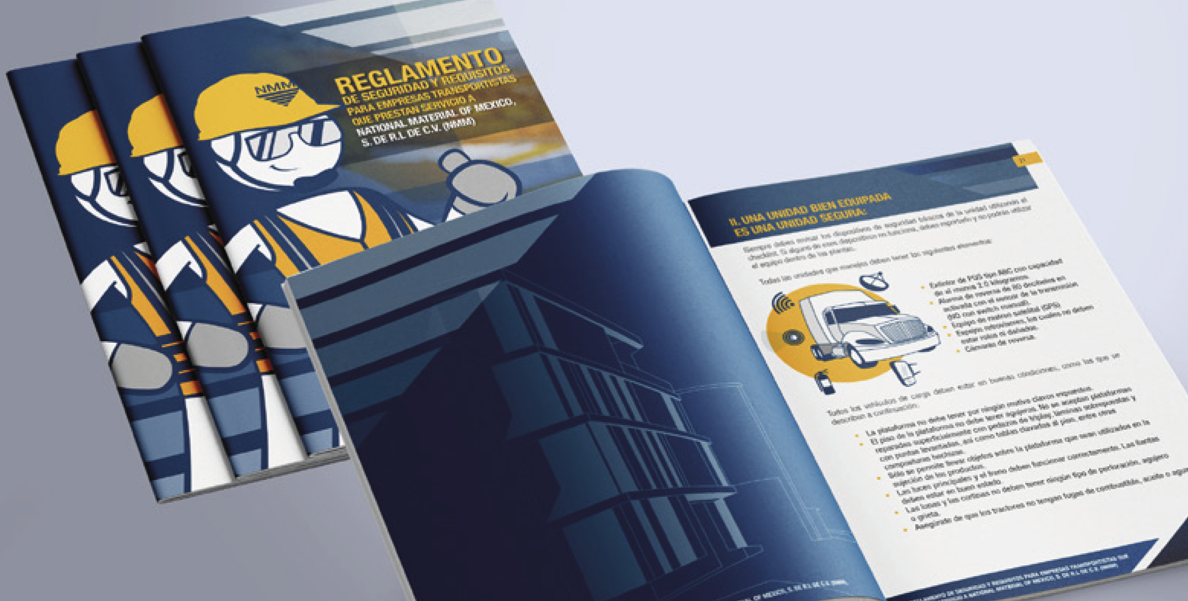 Booklet titled 'Reglamento de Seguridad y Hemostos para Empresas Transportistas' with an illustration of a construction worker and a truck, in Spanish.