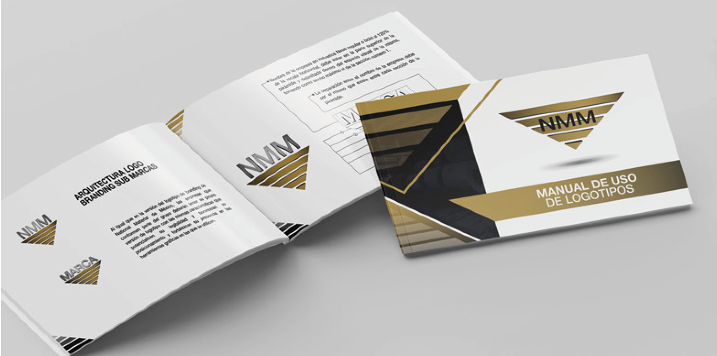 Open booklet and manual showing branding and logo designs for a company named NMM, with text in Spanish indicating it is a logo usage manual.