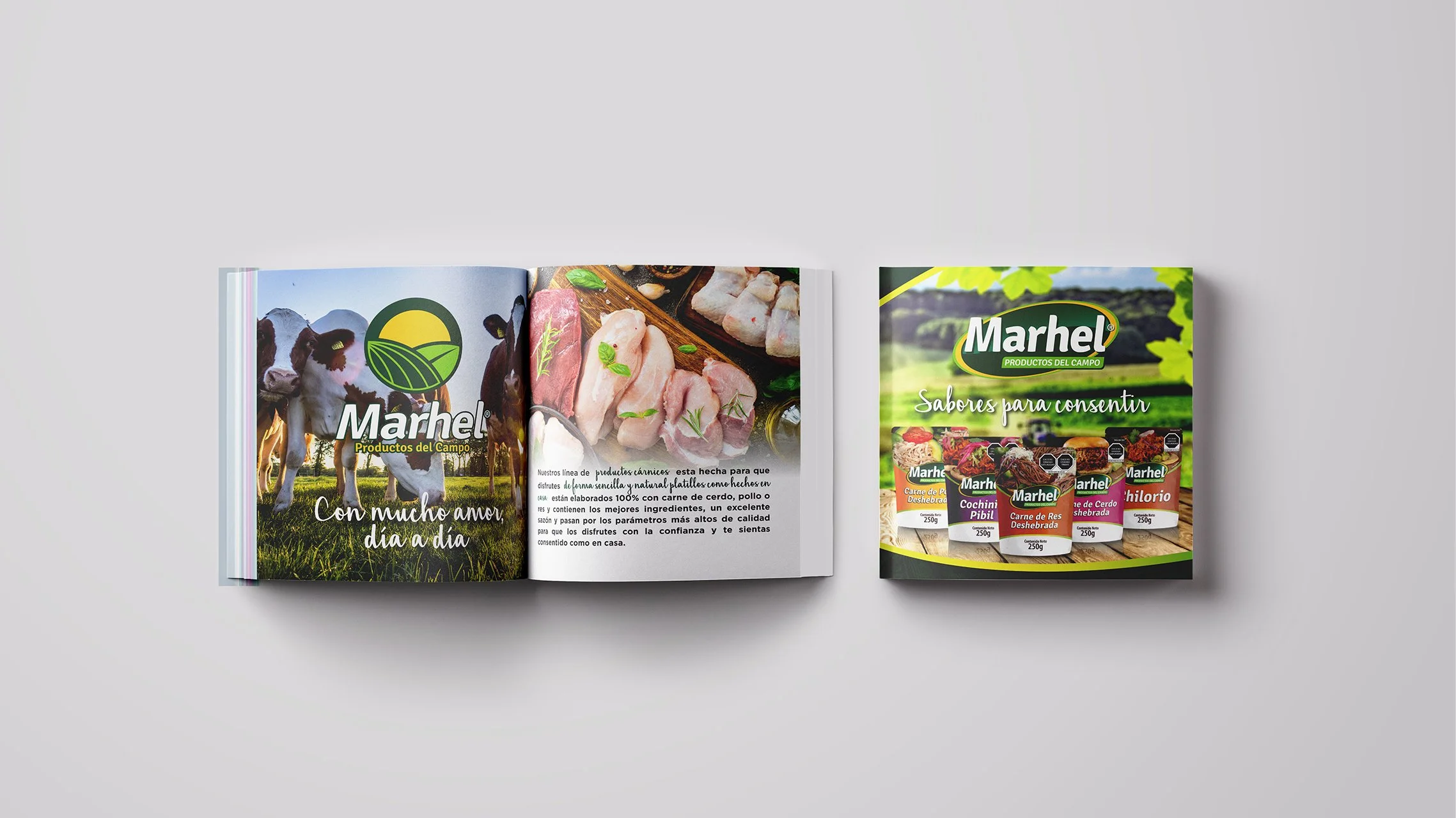 Open brochure for Marhel Productos del Campo featuring images of cows, meat cuts, and packaged meat products with green and yellow branding, promoting natural flavors and quality ingredients.