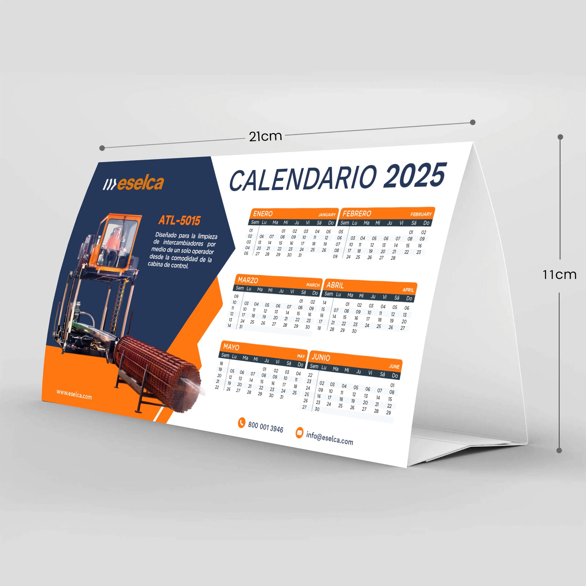 2025 calendar in Spanish with a construction equipment advertisement, showing months from January to June, featuring an orange truck and equipment on a blue and orange background.