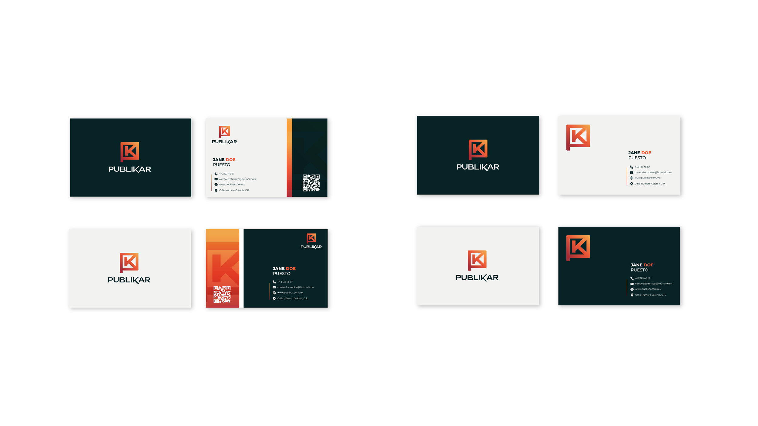 Collection of eight business cards with a dark and light background, featuring a red and orange logo with a 'K' and the word 'PUBLlKAR', along with contact information and QR codes.