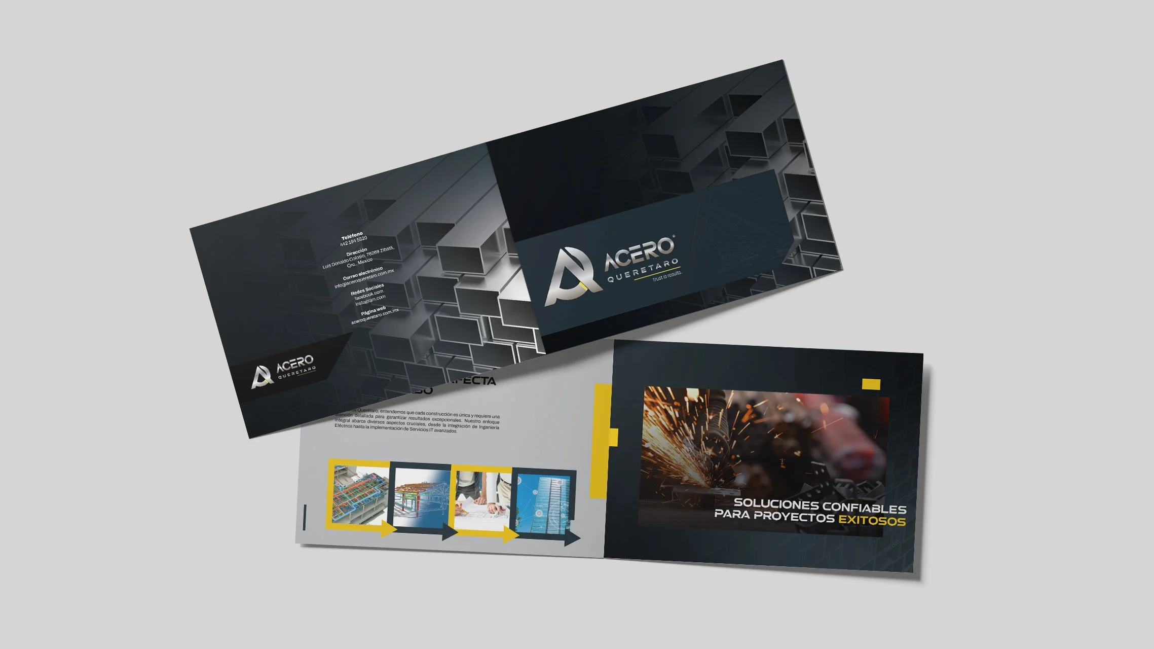 Business brochures for Acero Querétaro, featuring a black and gray geometric design, industrial images, and text in Spanish.