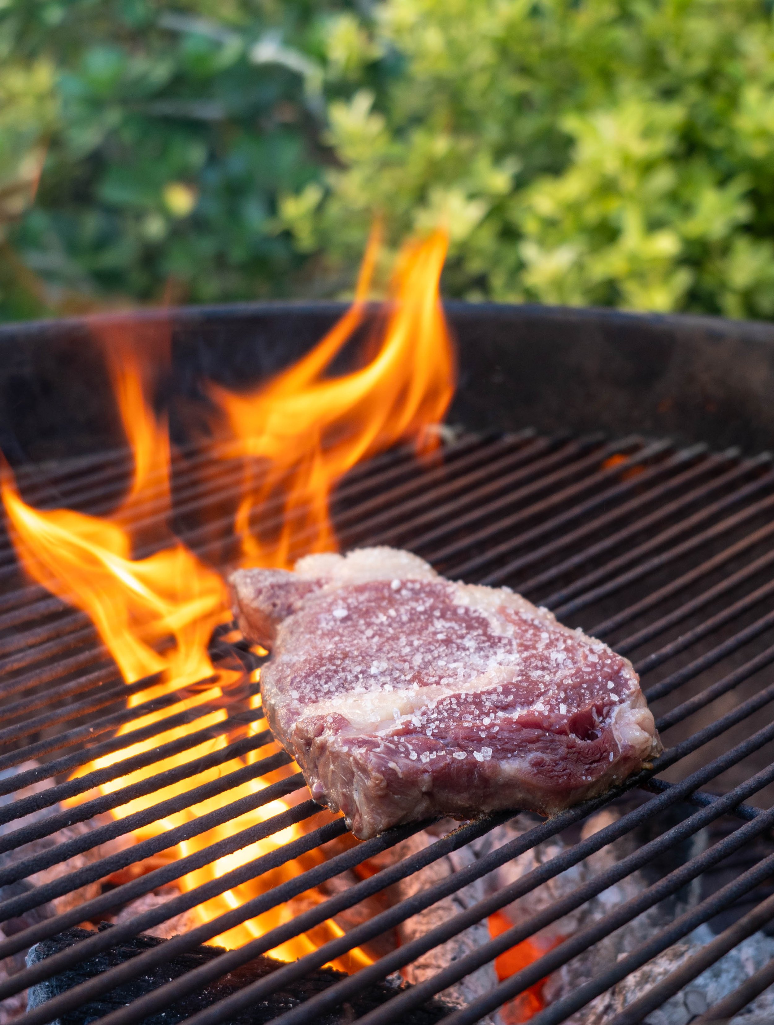 A piece of steak cooking on a grill with flames and a blurred green outdoor background.