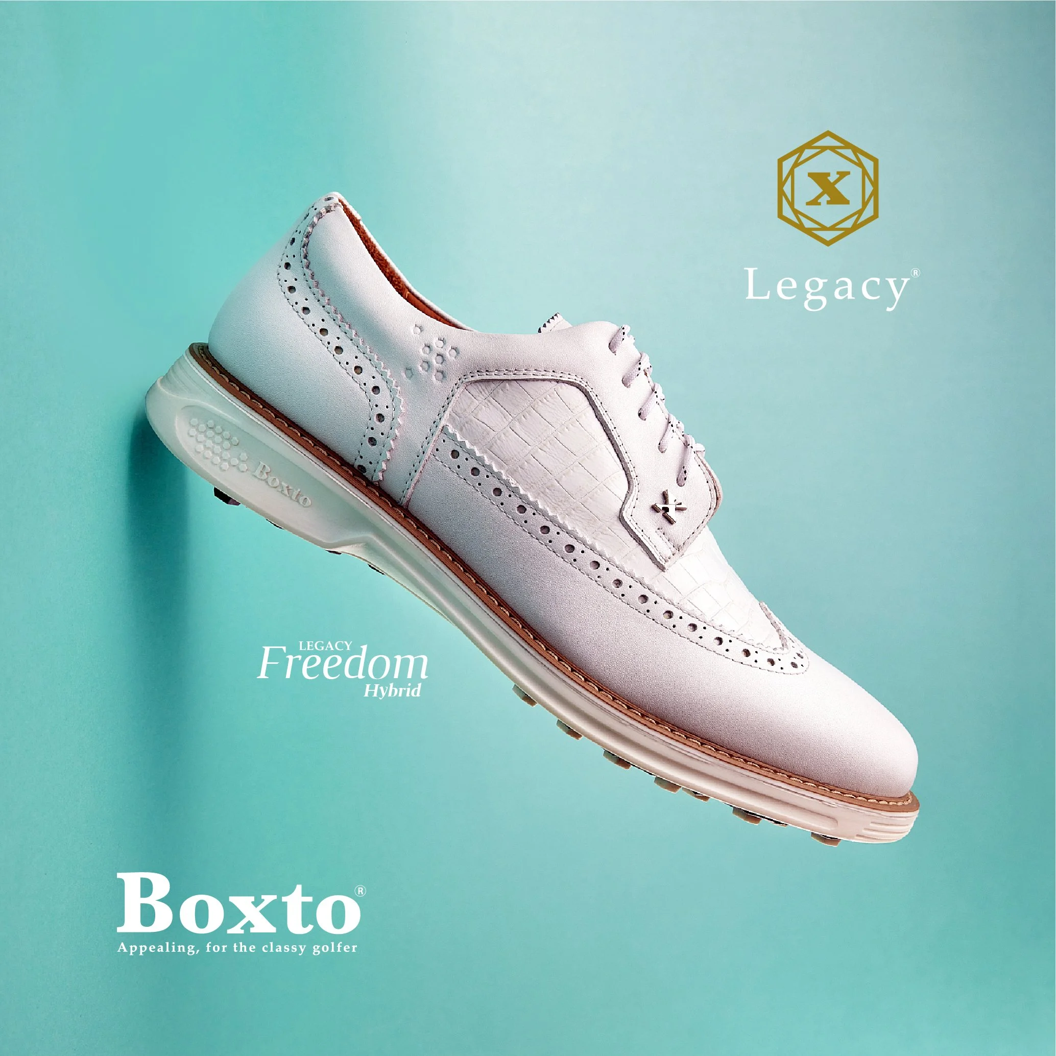 A white golf shoe with decorative perforations and a textured side panel, on a turquoise background, with text indicating a collaboration between Legacy and Boxto golf shoes.