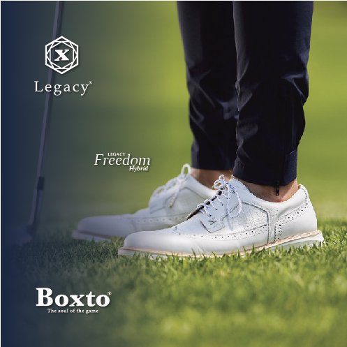 Close-up of a person wearing white athletic shoes standing on grass, with a golf club in the background, featuring the Legacy brand logo and text about a hybrid golf shoe model called 'Freedom'.