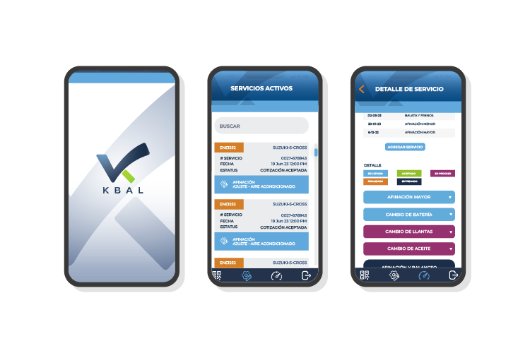 Three smartphone screens showing an app interface for vehicle service management. The first screen displays the app logo with a checkmark and the logo text "KBAL." The second screen shows active services, including details such as service type, date,