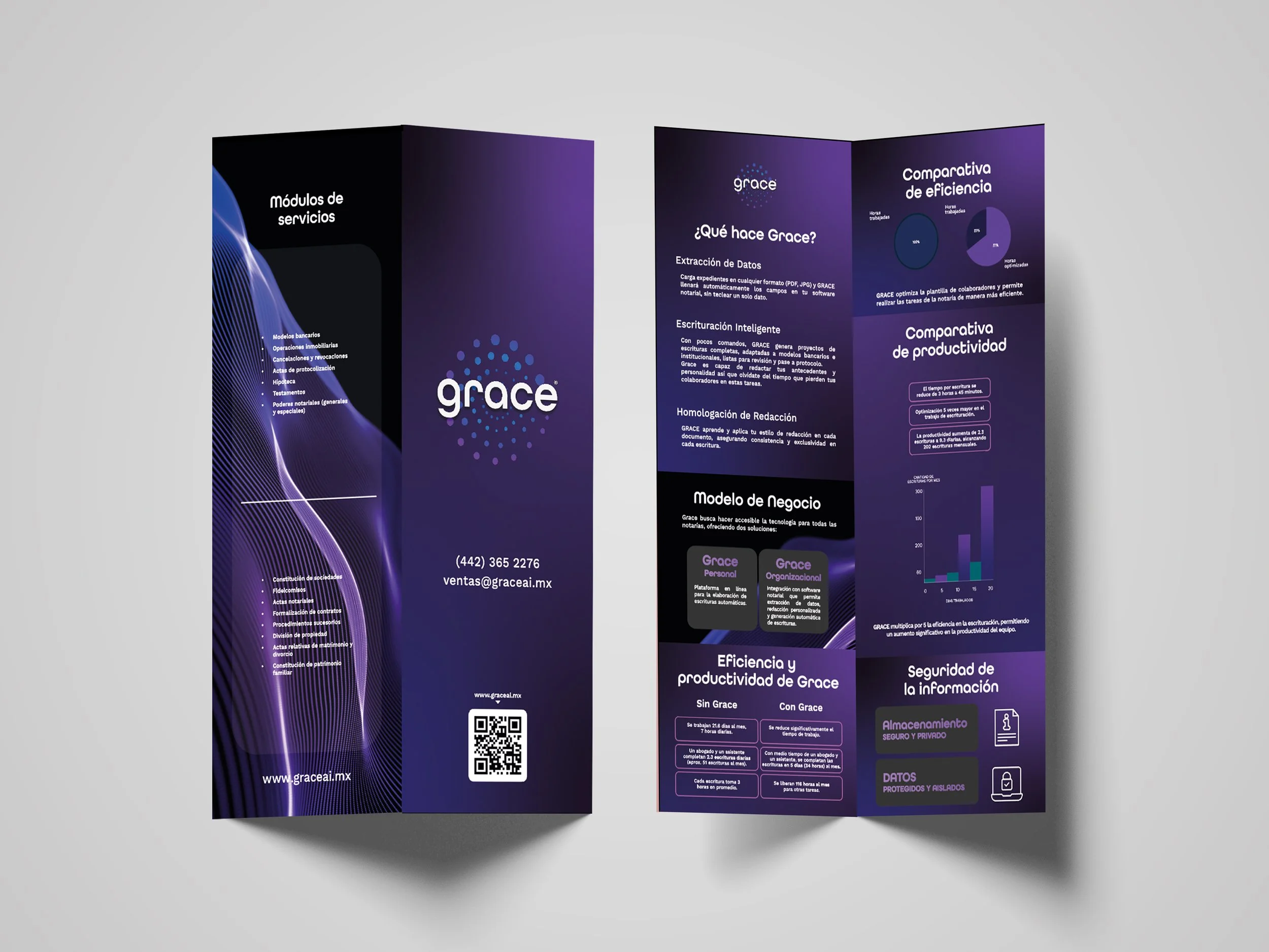 A tri-fold brochure for a company called Grace, showing information about their data extraction, intelligent transcription, redaction, business model, efficiency, and data security services, with a purple and black color scheme and graphical elements