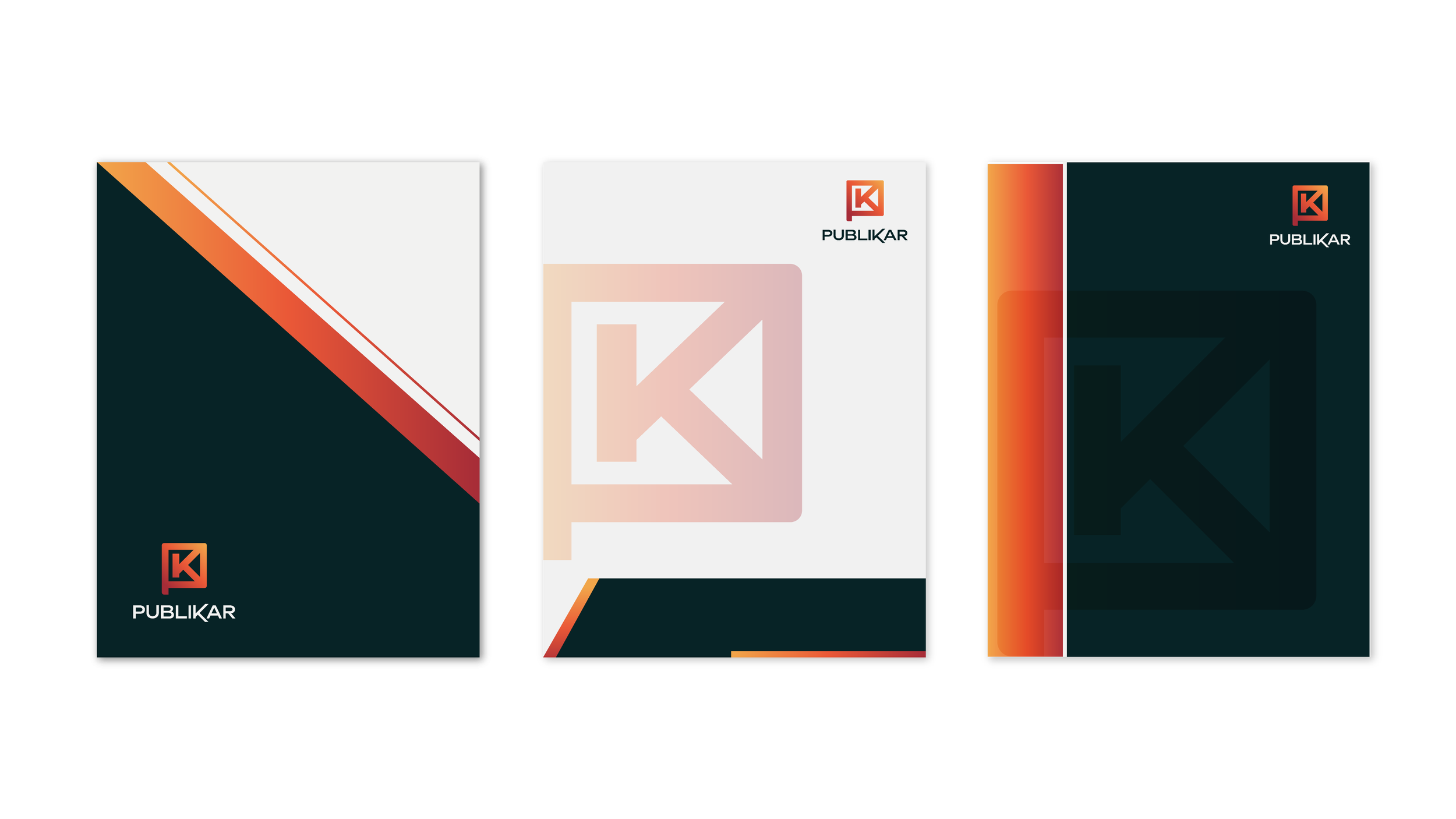 Three graphic design posters featuring the Publikar logo and branding in a modern style, with dark and light color themes.