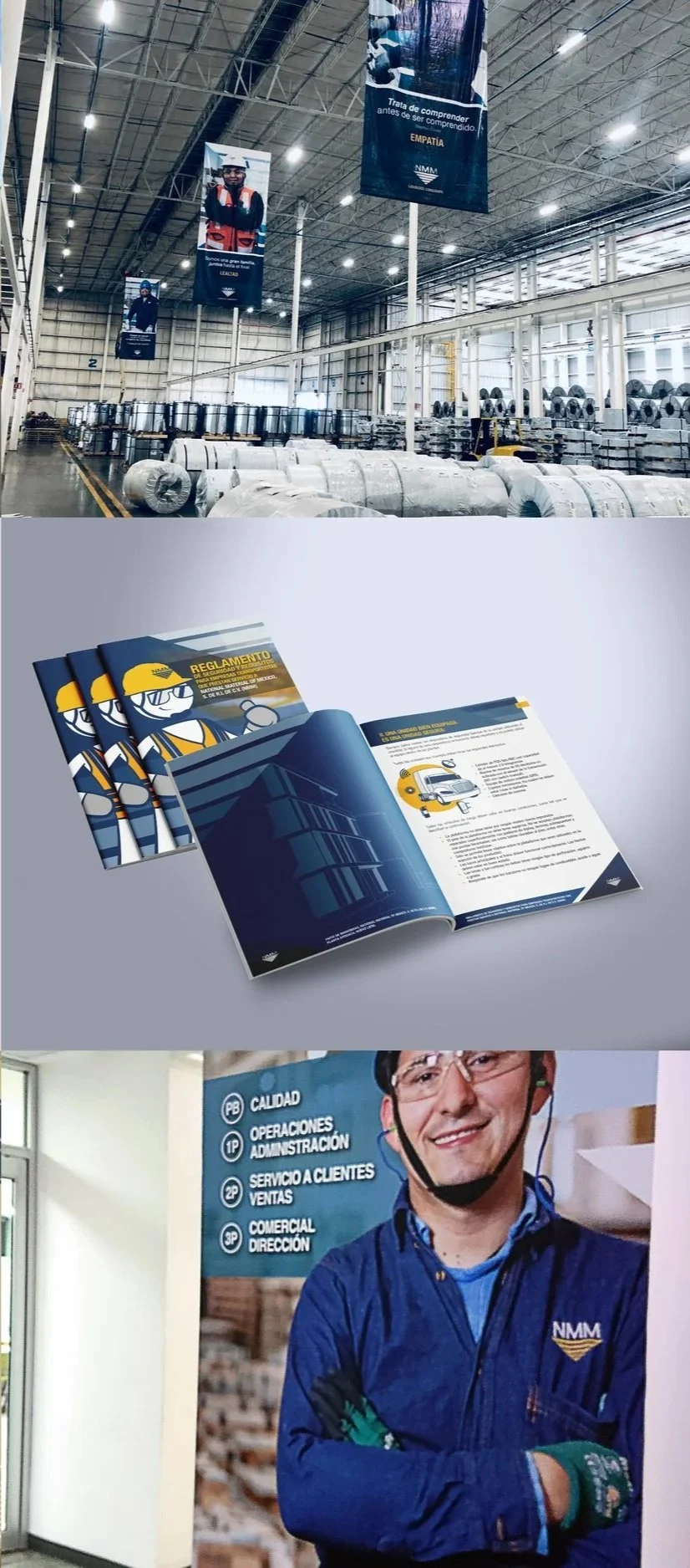 A large warehouse with metal rolls and industrial equipment, promotional banners hanging from the ceiling. Promotional brochures featuring a construction worker and building graphics. A smiling man in a blue uniform with a headset, standing next to a sign listing company services.