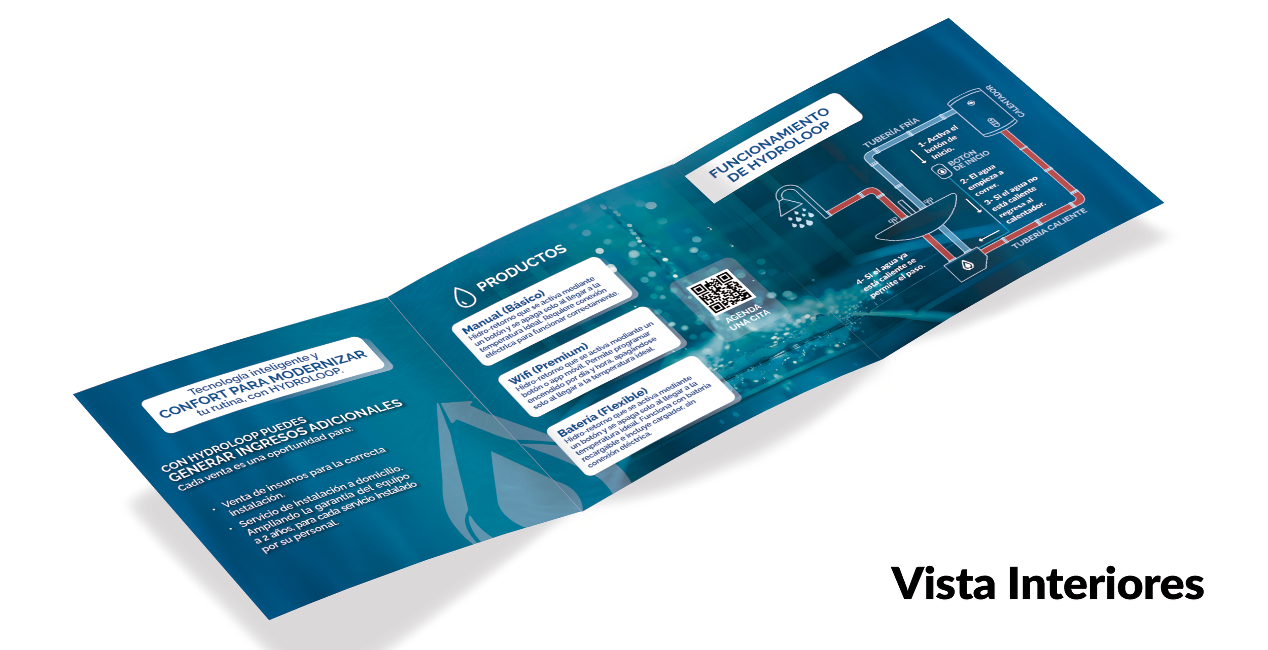 Interior view of an informational brochure for Hydroloop, showing details about its features like manual, WiFi, and flexible battery functions, along with a schematic diagram of the hydroloop plumbing system.