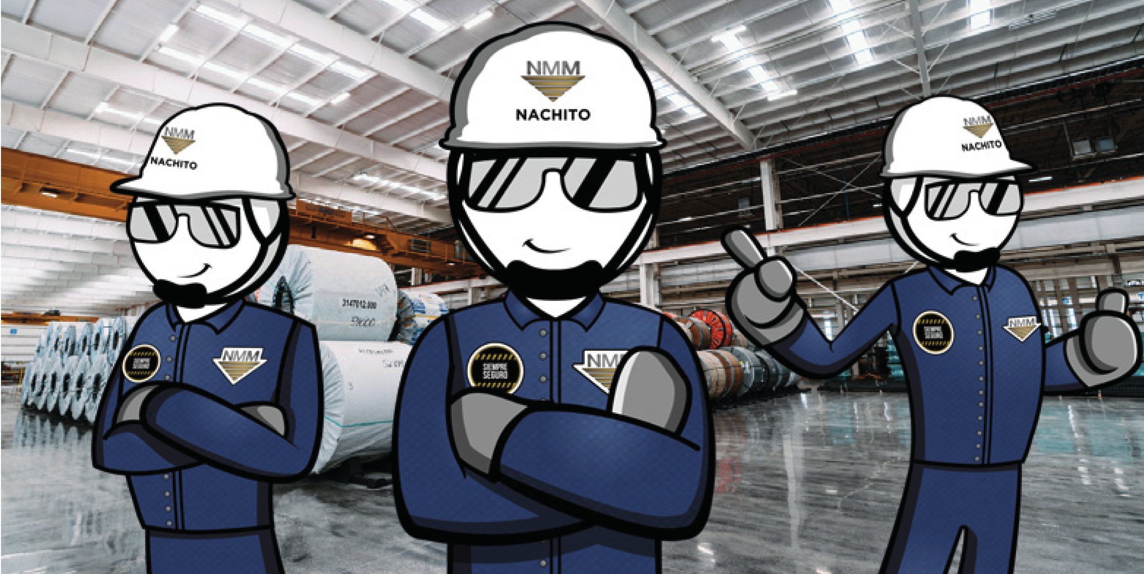 Three animated workers wearing safety helmets, sunglasses, and dark blue uniforms with logos and badges in a large industrial warehouse with coils of wire or cable on pallets in the background.