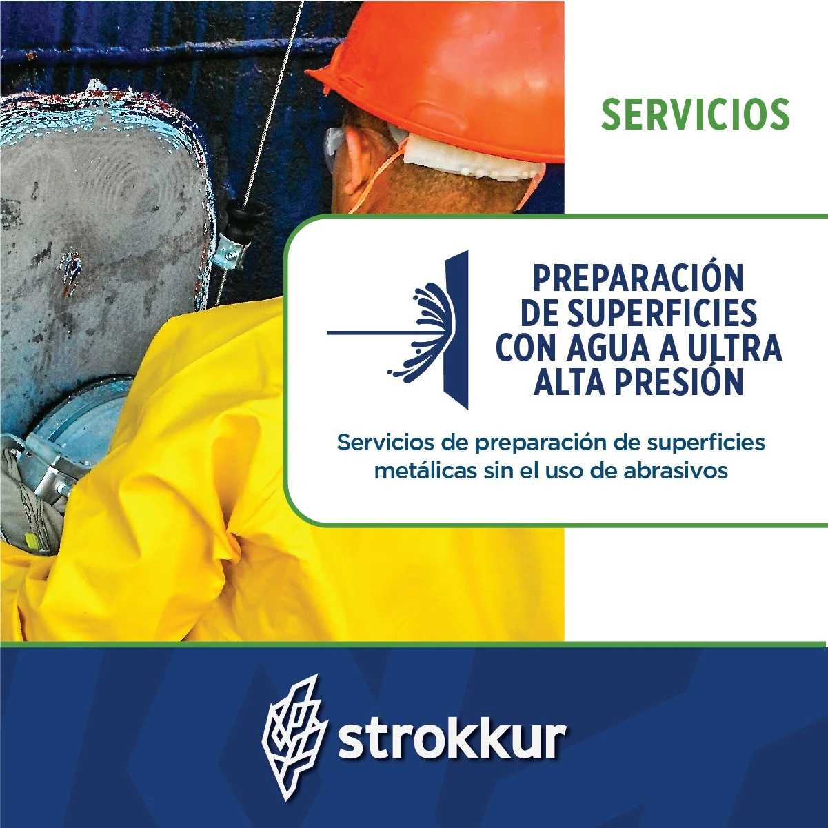 A worker in protective gear uses high-pressure water to clean a metallic surface without abrasive materials, as part of a surface preparation service.