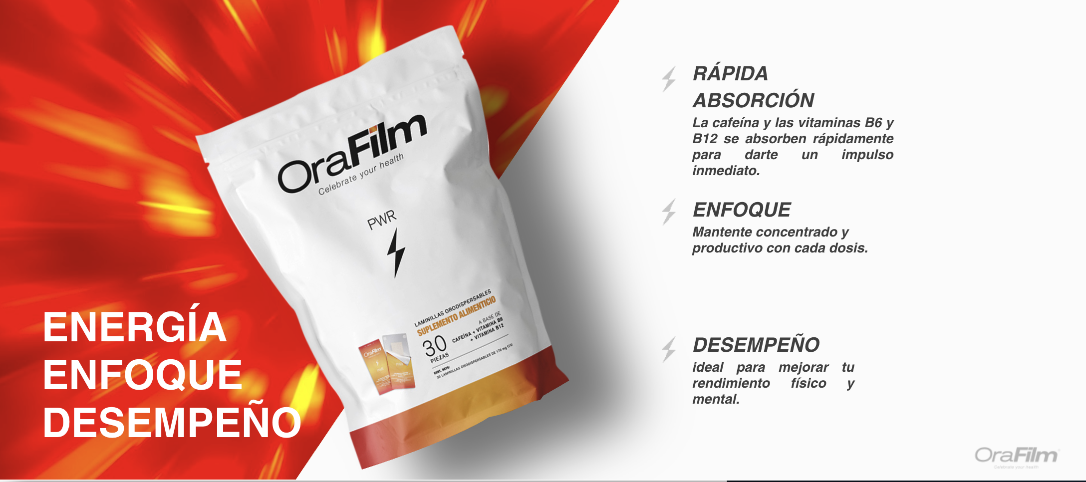 Product package of OraFilm energy supplement with red background and yellow flames, and informational text in Spanish about rapid absorption, focus, and performance benefits.