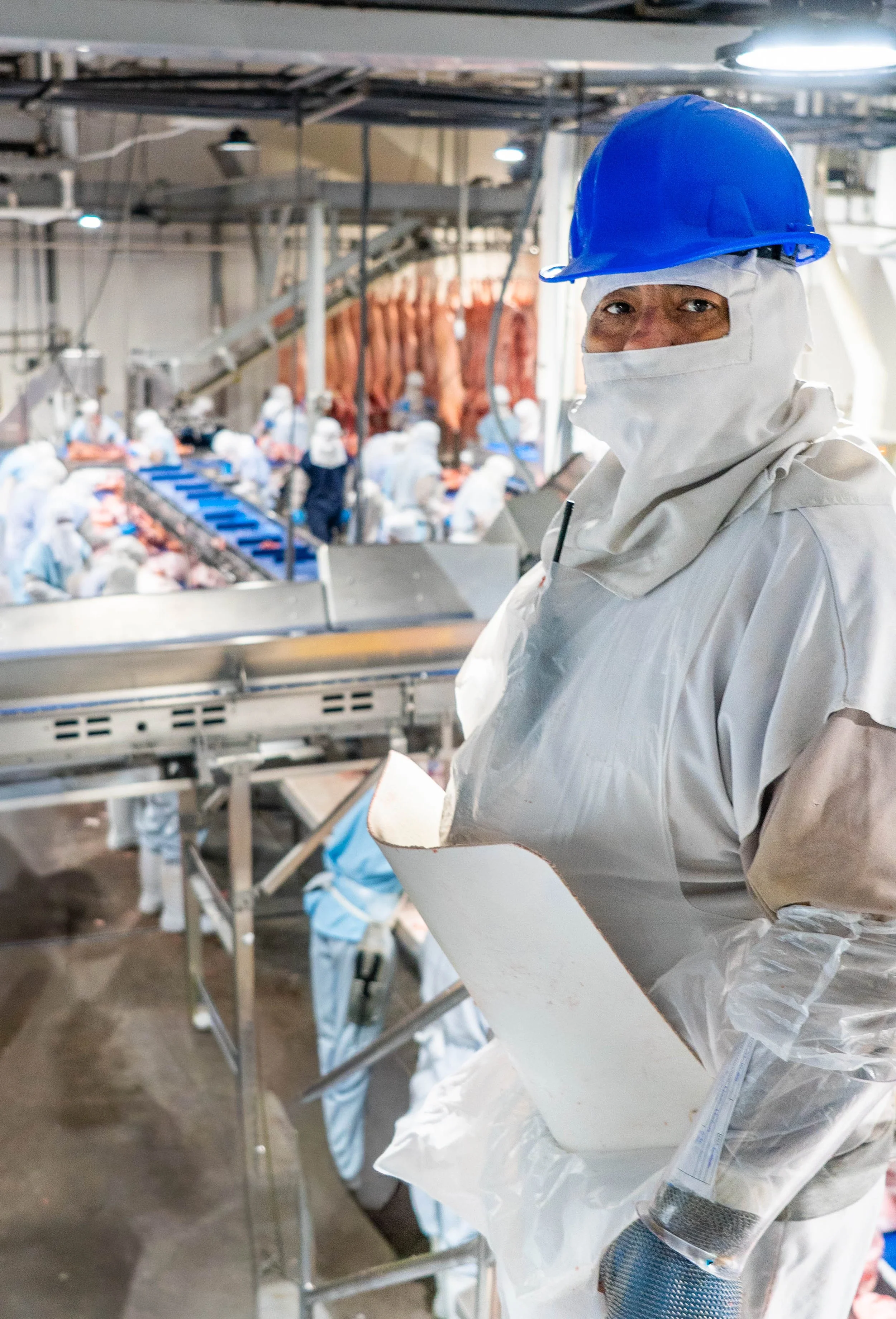 Worker in a meat processing plant wearing protective clothing, including a blue helmet and face mask, standing in front of a meat processing line with workers in the background preparing cuts of meat.