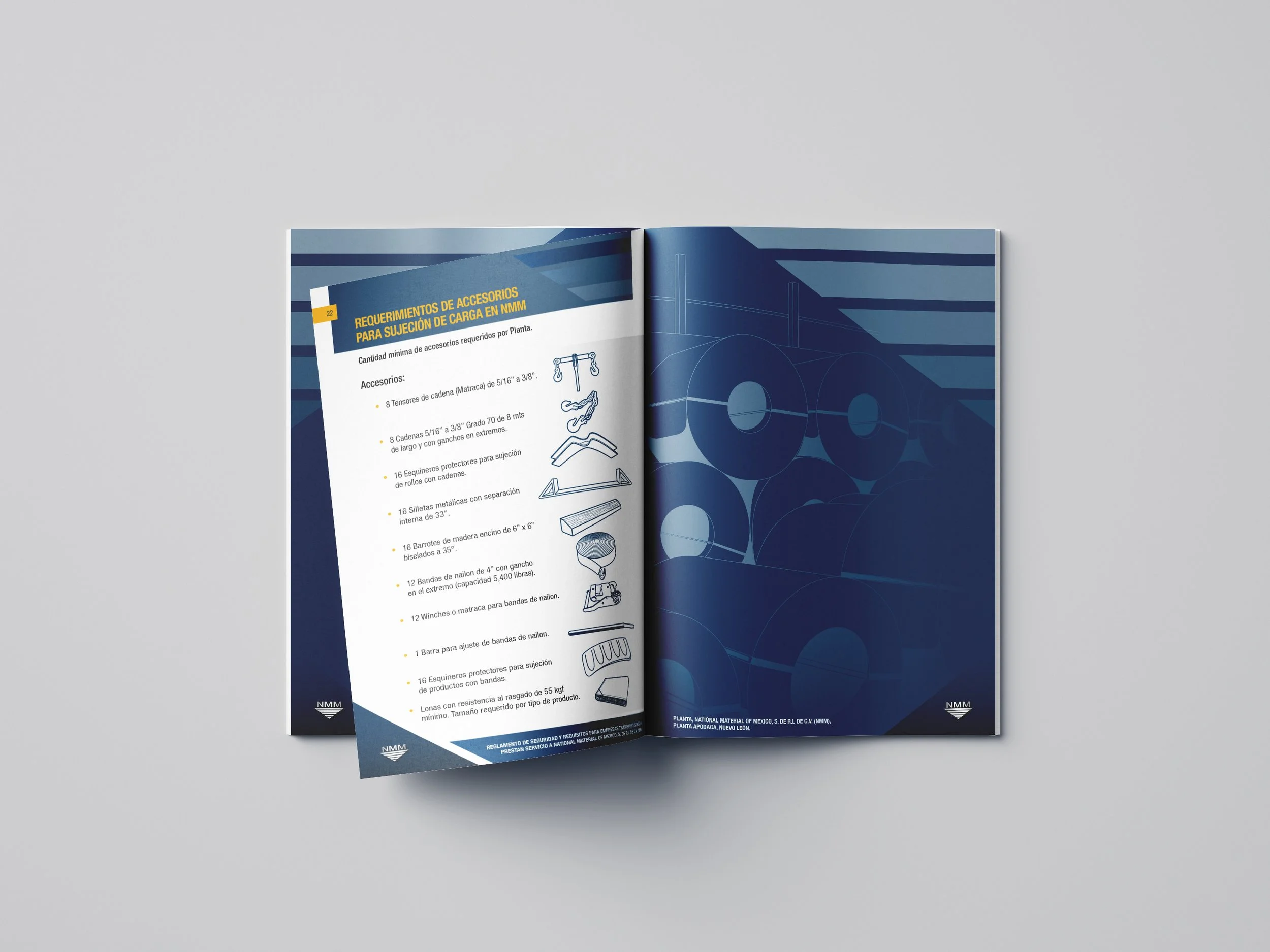 Open booklet showing technical specifications in Spanish on the left page and blue print of a stadium or arena on the right page.