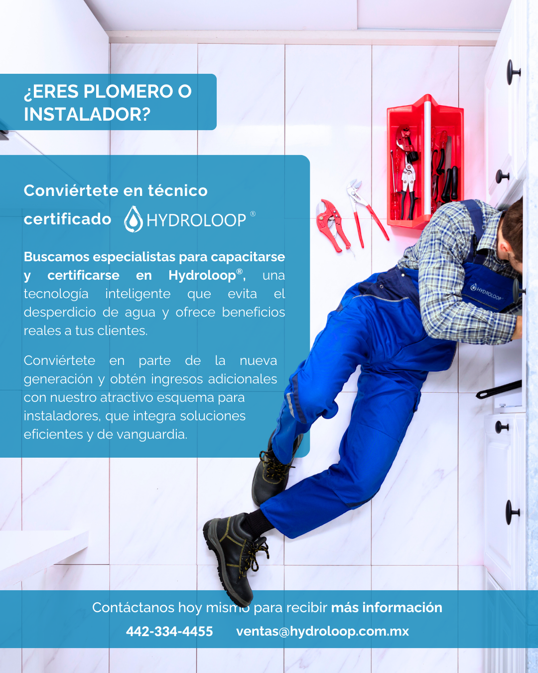A plumber working on a bathroom faucet, with tools and a red tool organizer on the wall, overlaid with a blue informational banner in Spanish about becoming a certified Hydlooop technician.