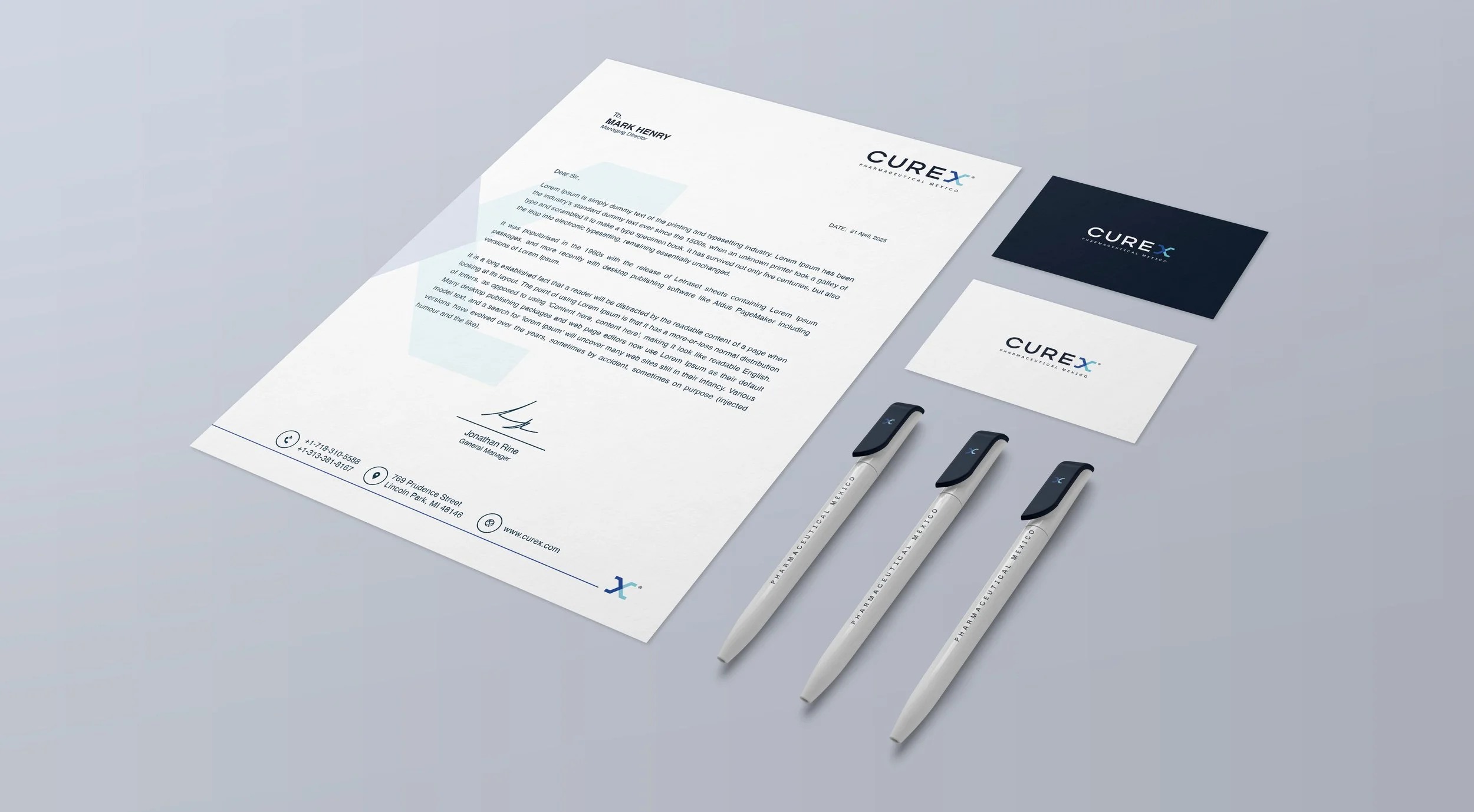 Corporate stationery including a letter, two business cards, and three white pens with black accents, all branded with 'CureX Pharmaceutical Mexico' logo on a light gray surface.