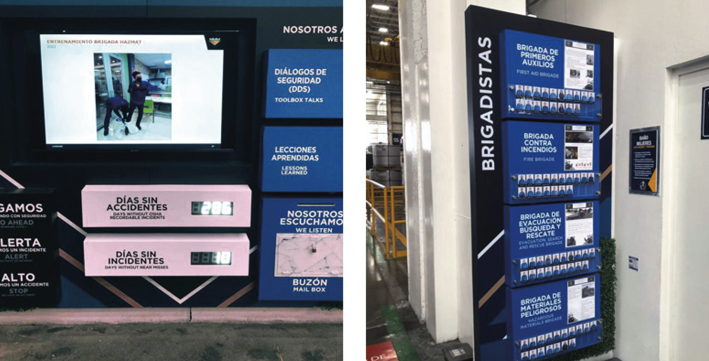 A digital safety information display on the left showing images and text about safety, accident-free days, and listening, with a large monitor displaying a photo of workers. Adjacent on the right is a blue emergency information board with multiple se