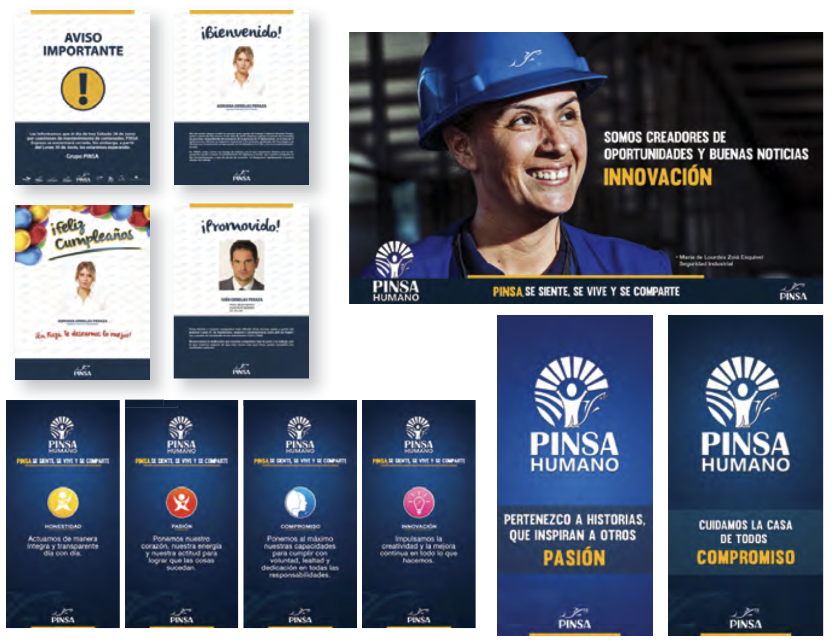 A collage of posters and banners in Spanish promoting PINSA Humano, featuring messages about innovation, passion, commitment, and honesty, with a smiling woman wearing a blue worker's helmet.