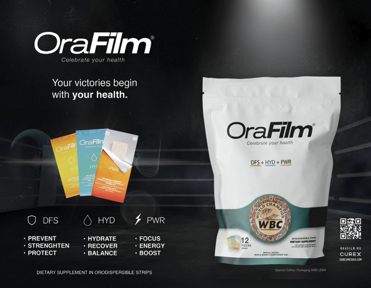 Package of OraFilm dietary supplement in a white bag with a black and teal label, featuring the World Boxing Championship logo, and three smaller packets in yellow, blue, and orange, with icons representing health benefits.