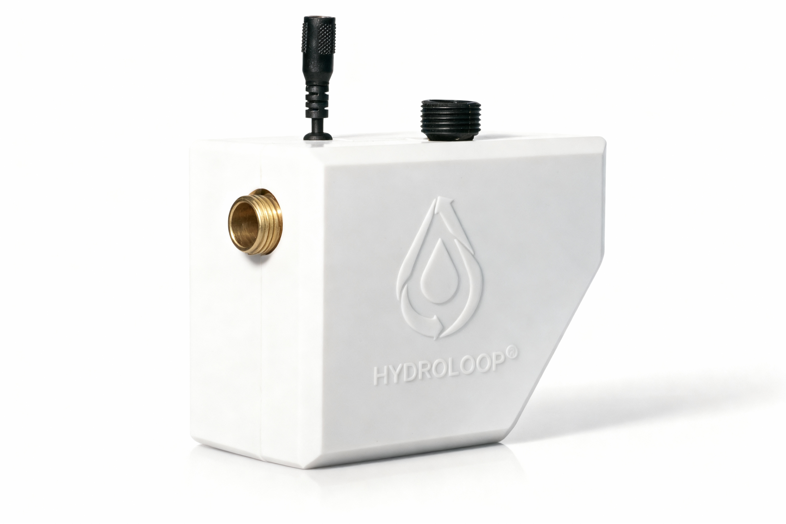 White rectangular Hydroloop water recycling unit with black and brass fittings and a black top attachment, featuring the Hydroloop logo on the front.