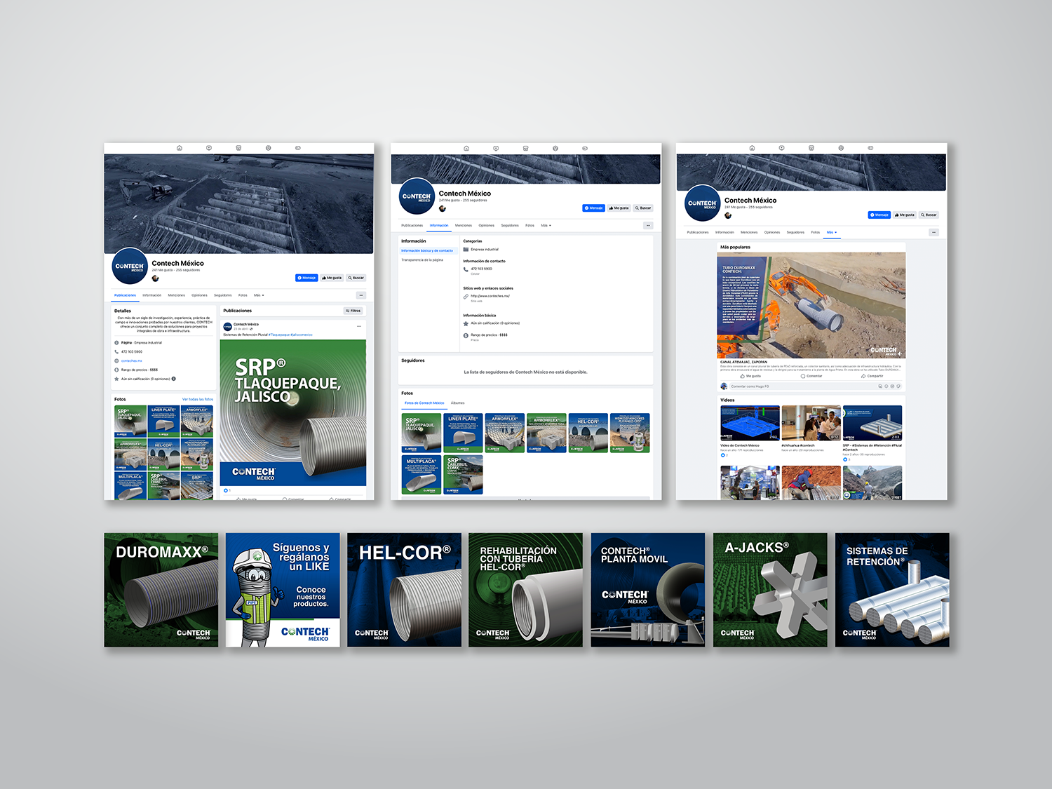 Collection of social media posts and promotional images for Contech Mexico, showcasing industrial pipes, fittings, and related construction products with branding and product images.