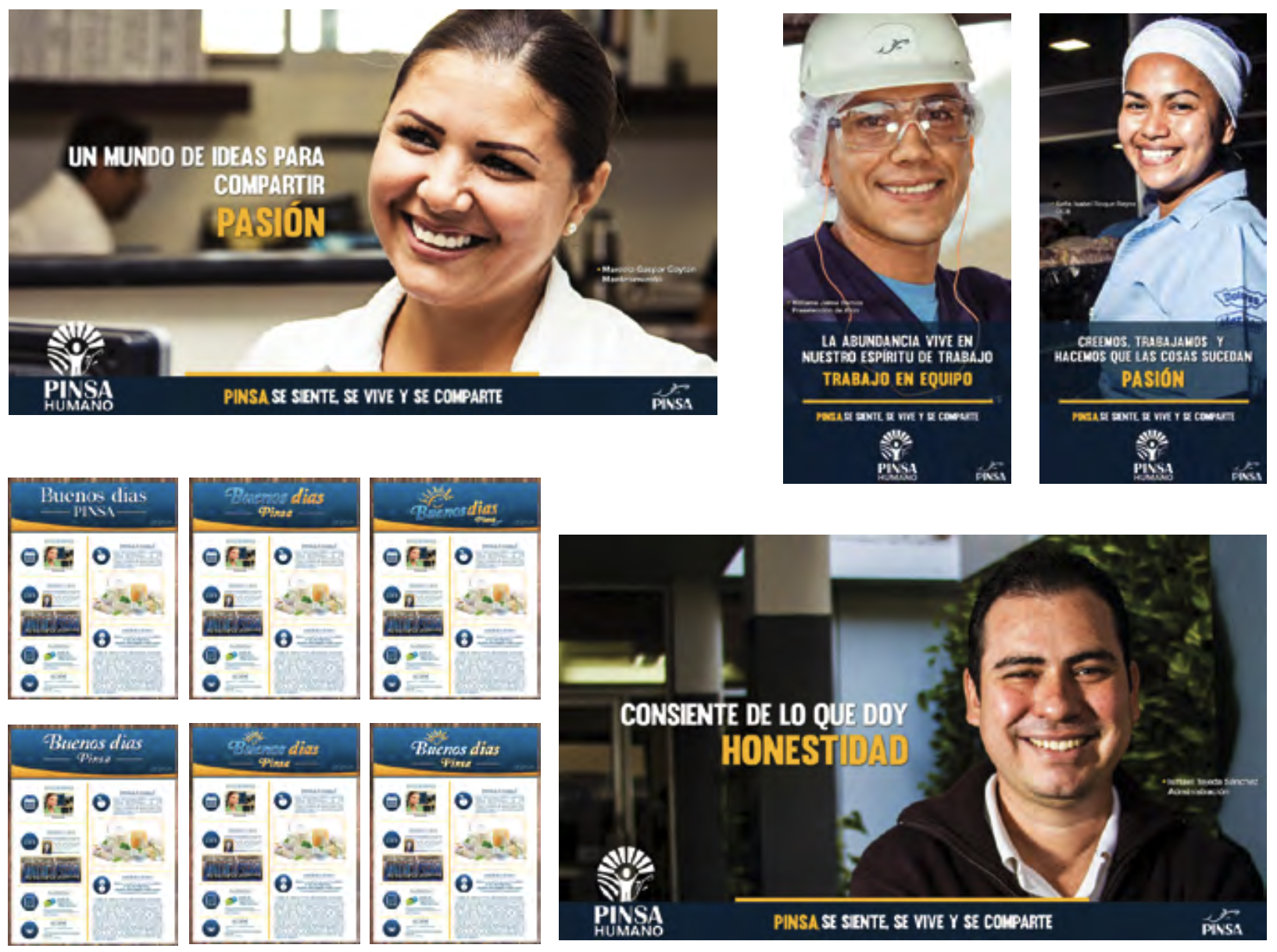 Collection of promotional posters and flyers promoting teamwork, honesty, passion, and sharing in the workplace. Features photos of smiling people, with text in Spanish emphasizing values like passion, teamwork, honesty, and daily greetings.
