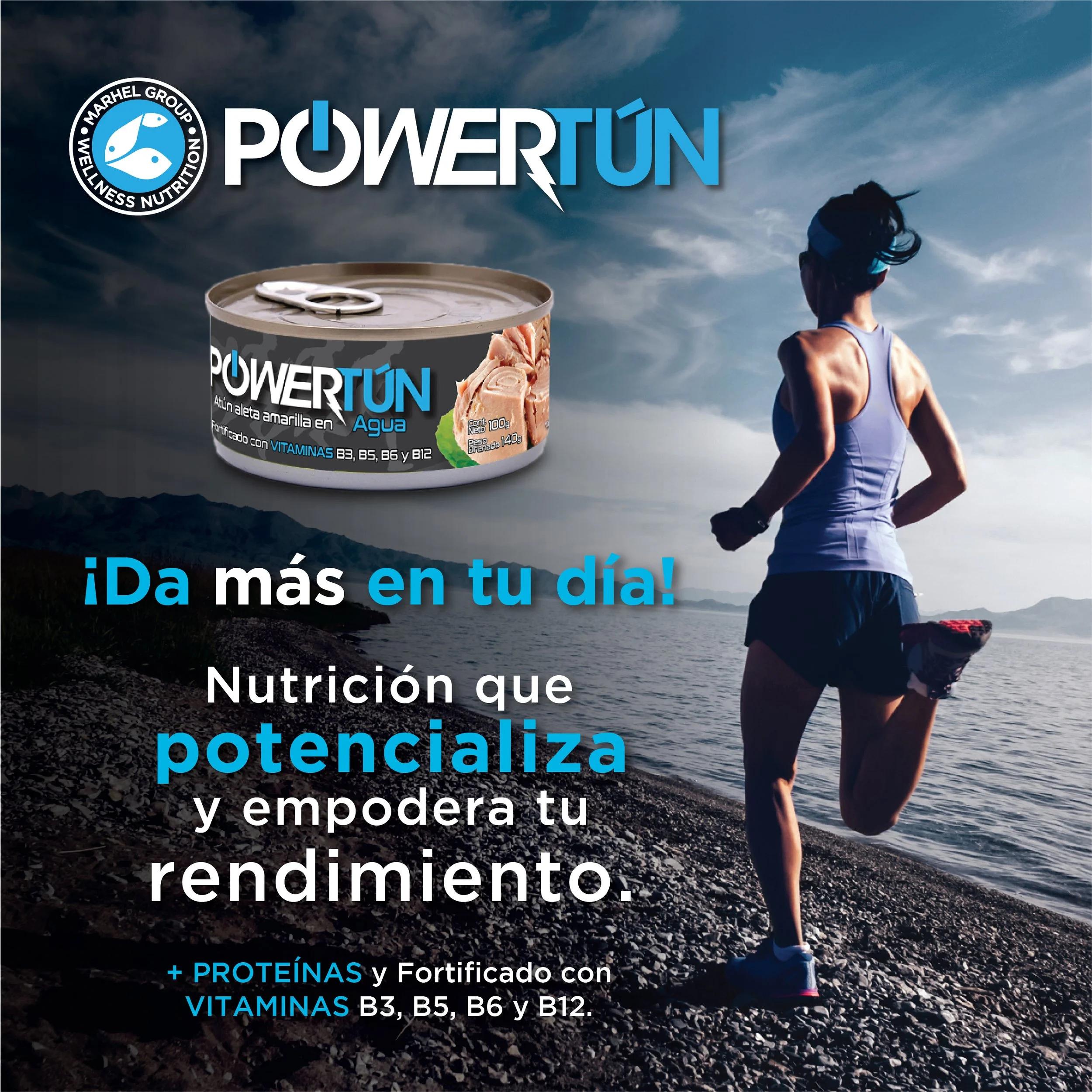 A woman running along a lakeshore during sunset with an advertisement for Power Tún, a canned tuna product, floating above her. The ad emphasizes daily nutrition, enhanced performance, and is fortified with vitamins B3, B5, B6, and B12.