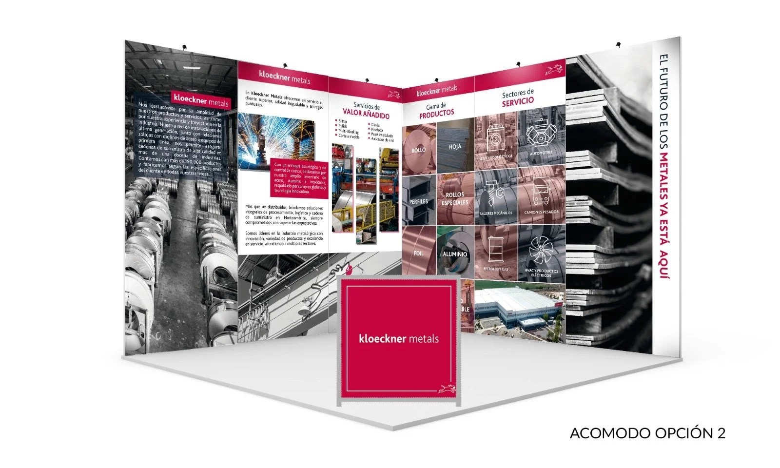 A three-panel trade show display for Kloeckner Metals featuring product images and descriptions, with a prominent magenta section in the center and an image of metal coils and industrial facilities.